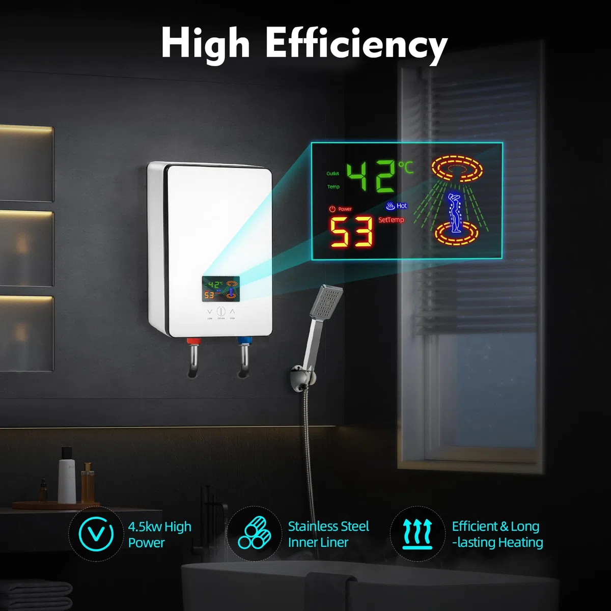 Calentador de agua eléctrico digital, 6500 W, sin tanque, para baños, peluquerías, hoteles, salones de belleza, escuelas, hospitales, 18,6 x 5,7 x 27,7 cm (blanco)