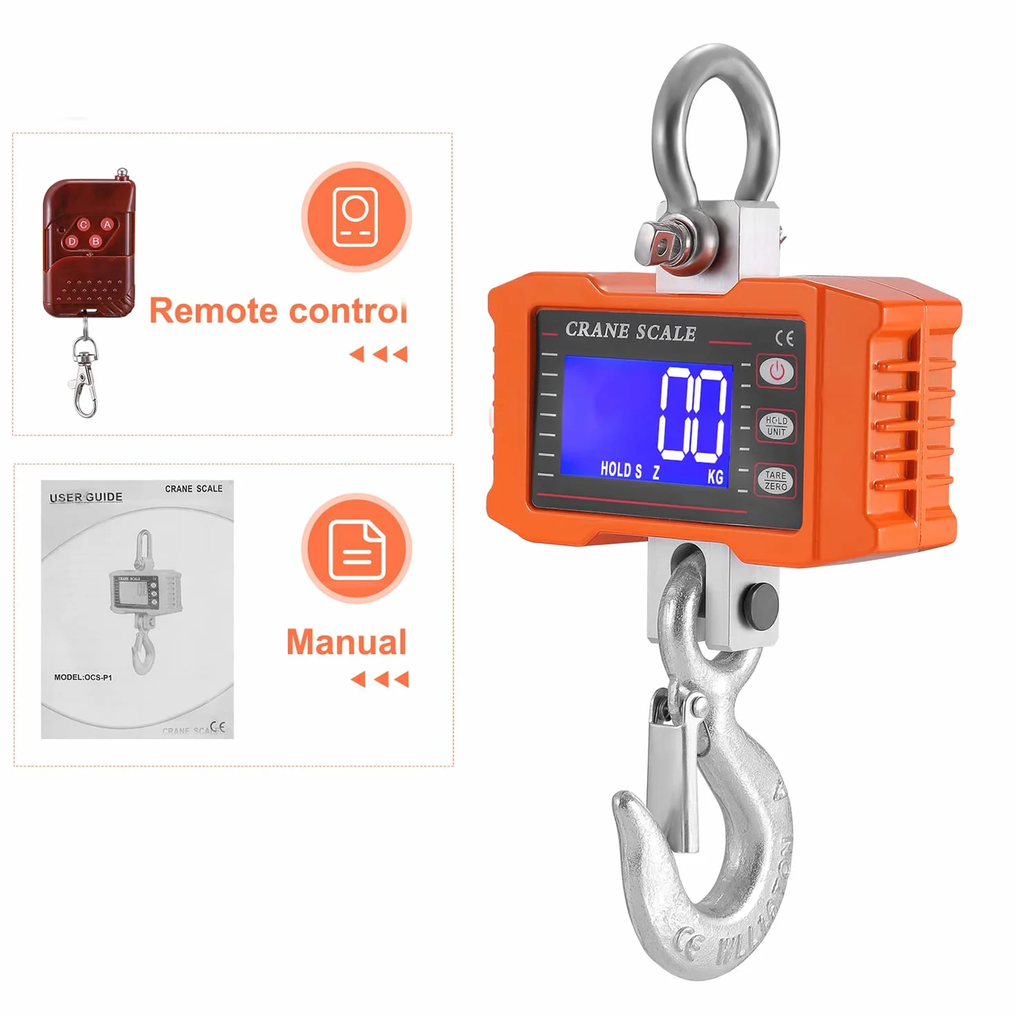 Báscula colgante con mando a distancia 1000kg 2200 lbs, Báscula digital industrial para grúa de servicio pesado con sensor de muelle de carga precisa y pantalla LCD Crane Scale Báscula de gancho