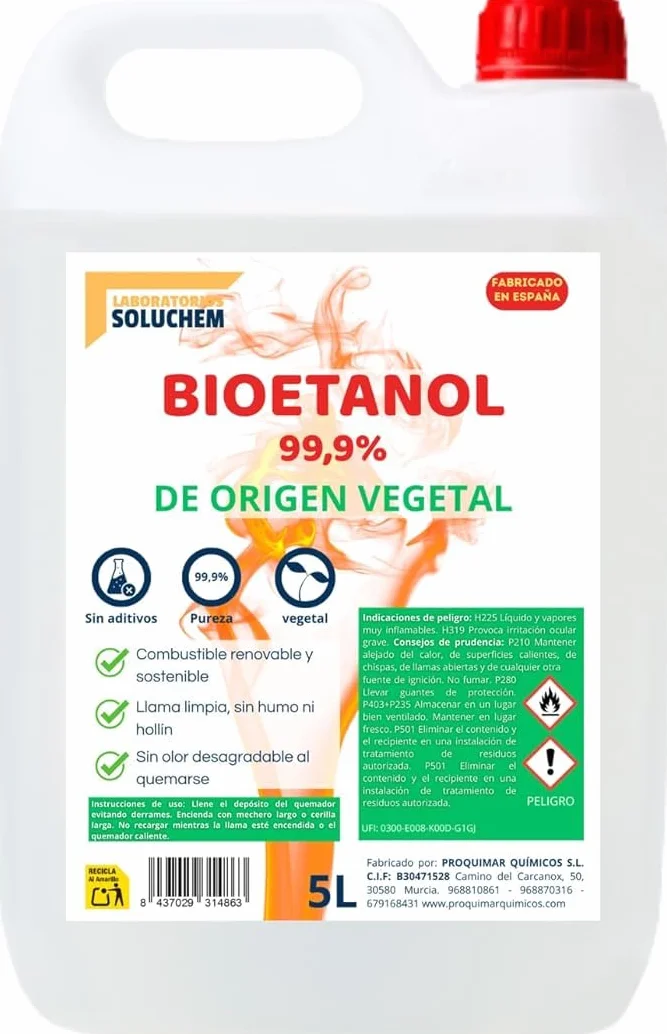 Bioetanol 99,9% Origen Vegetal | Con Cánula | Combustible Limpio para Chimeneas de Bioetanol | Sin Humo ni Olor | Ecológico y Renovable | Apto para Quemadores y Estufas de Bioetanol