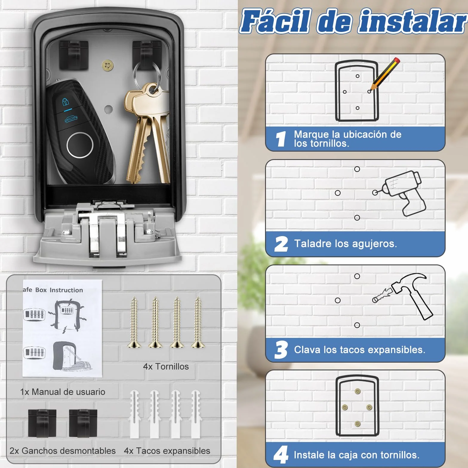 Caja de Seguridad para Llaves con Combinación de 4 Dígitos, Montaje en Pared, Almacenamiento Seguro para Hogar
