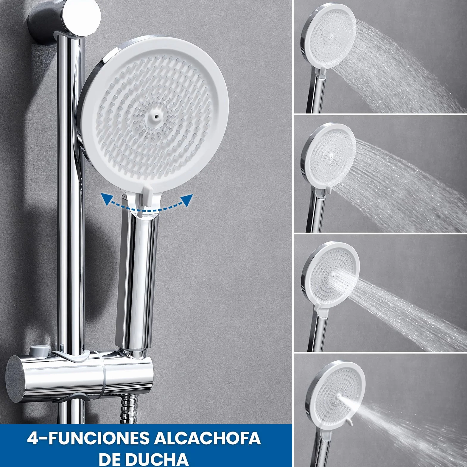 Auralum Barra Ducha,Conjunto Barra Ducha de Acero Inoxidable 70cm con Alcachofa de Ducha 4 Funciones, Manguera 150cm y Soporte Ajustable, Compatible con orificios Existentes, Cromo