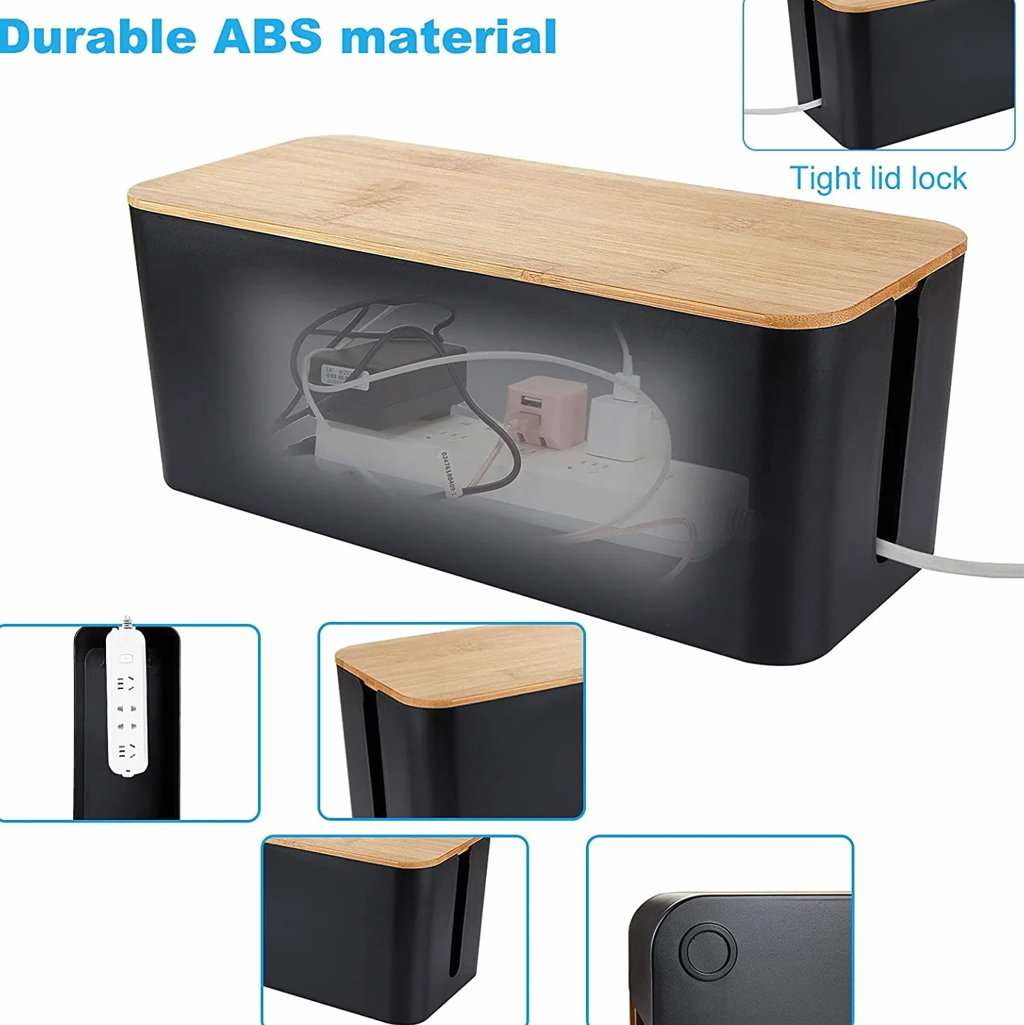Caja Organizadora Cables con Tapa de Madera, 3 Piezas, Negra con Bridas, para Regletas Router Escritorio