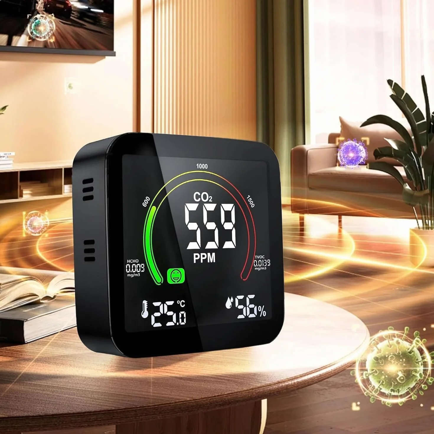 Medidor CO2 Detector CO2 Gas, 5 en 1 Detector de CO2 con Pantalla LED Medidor de Humedad y Temperatura TVOC HCHO Dormitorio Oficina Coche