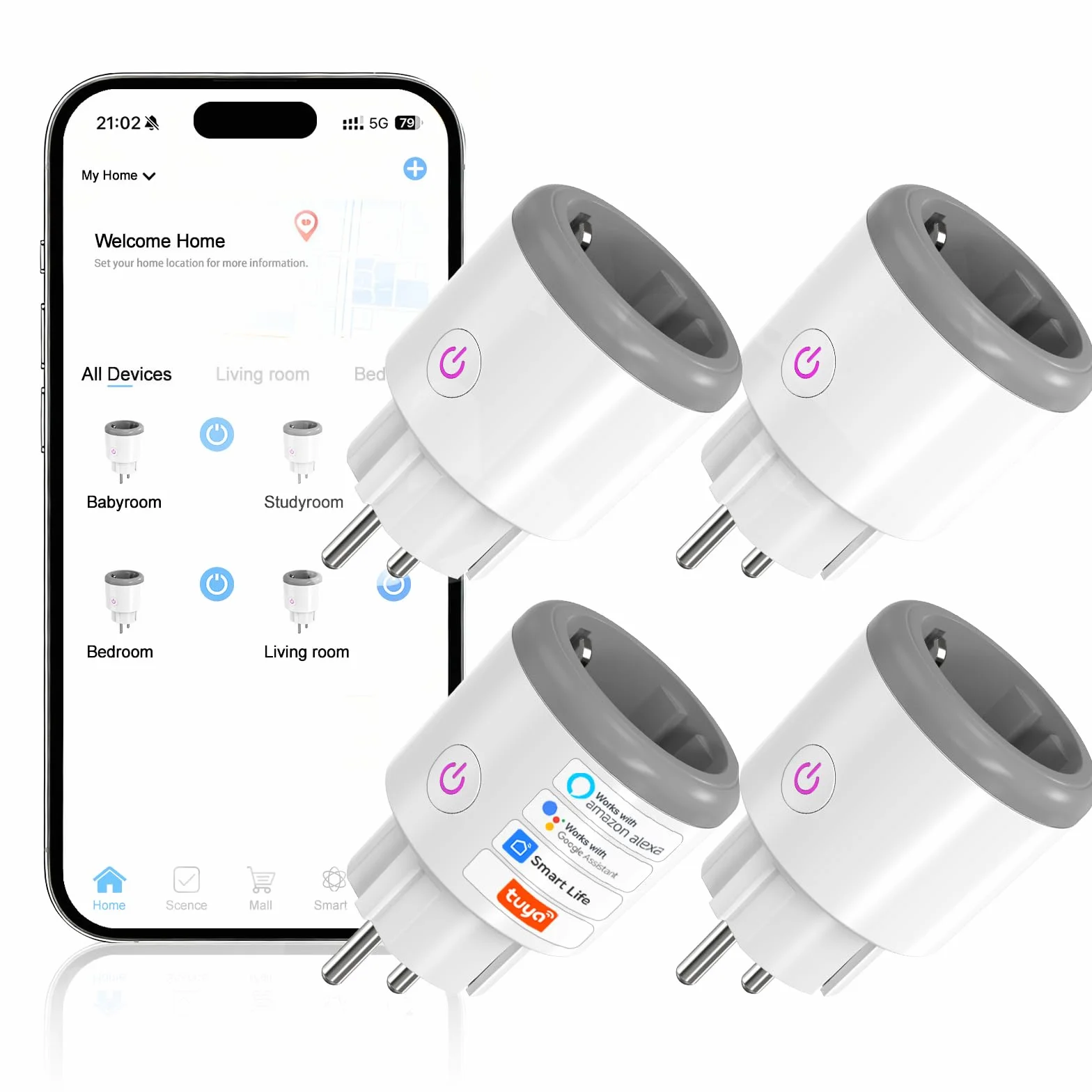 Enchufe Inteligente WiFi 16A Monitor de Energía Control Remoto Tuya Smart Life Alexa Google Home 2,4 GHz 4 Paquete Blanco Roto