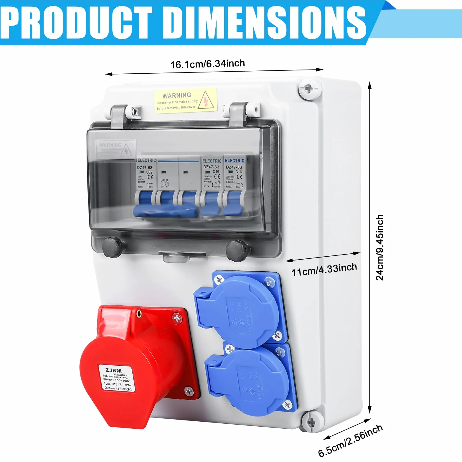Caja de distribución, distribuidor de corriente para obra, distribuidor de pared, con interruptor automático, 2 tomas Schuko y CEE 16A, distribuidor de corriente impermeable, completamente