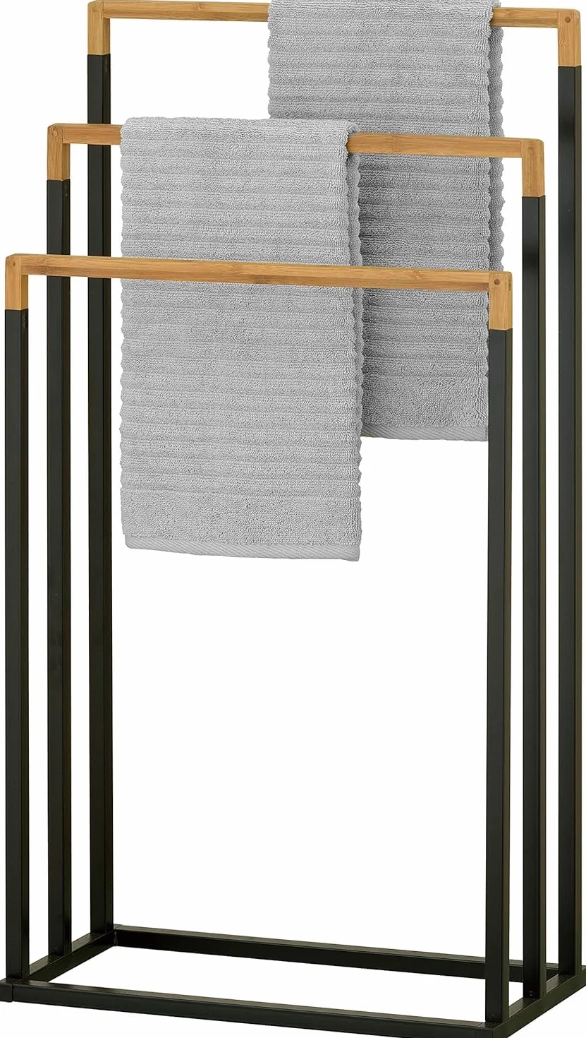 Toallero de Pie de Bambú y Metal Triple, Soporte para Baño, 45x21.5x76cm