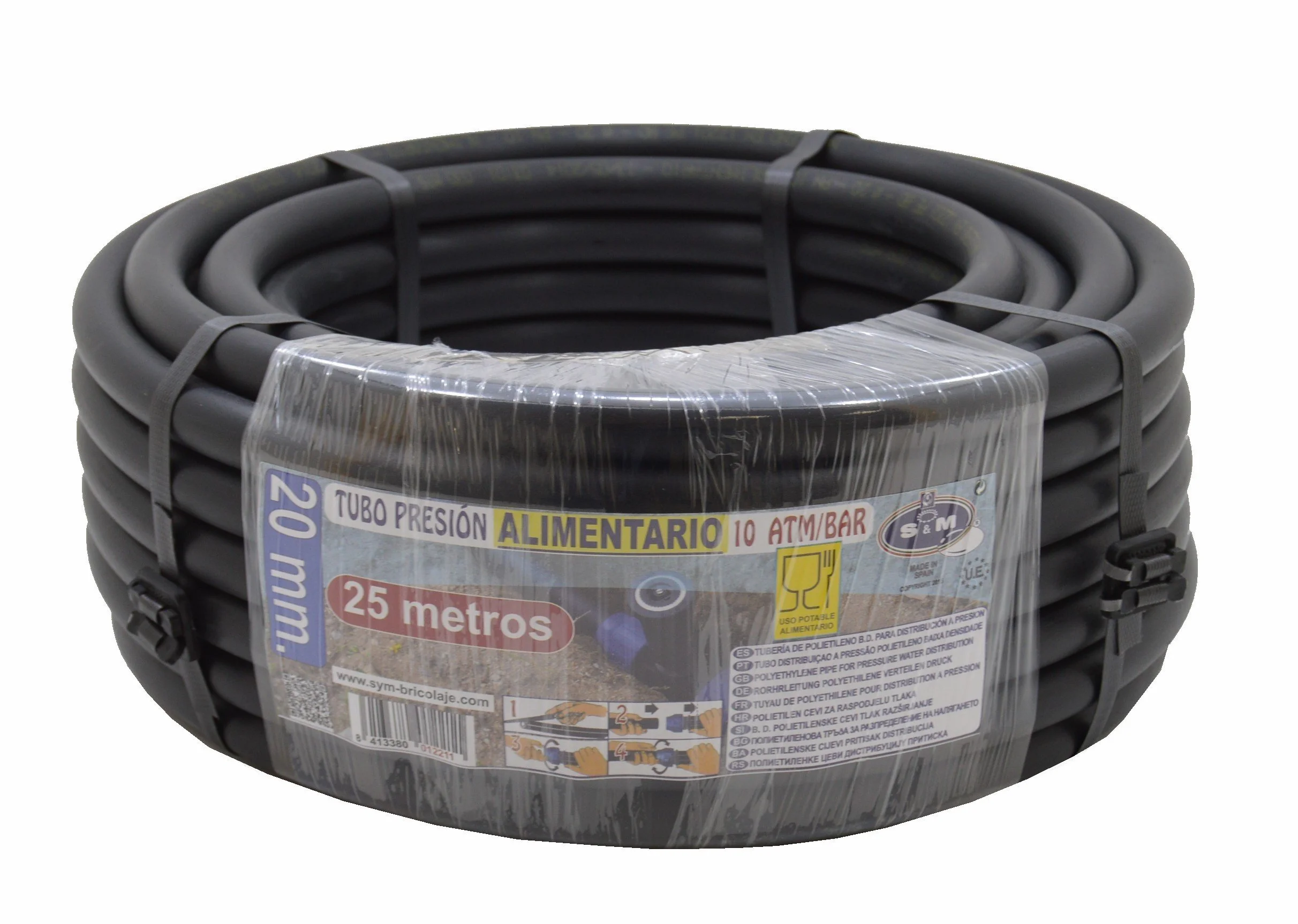 S&M 012211 – Tubería de polietileno de presión Ø 20 mm (10 atmósferas) x 25 metros longitud | Color negro, apto para uso alimentario y riego en jardines, huertos y actividades agrícolas