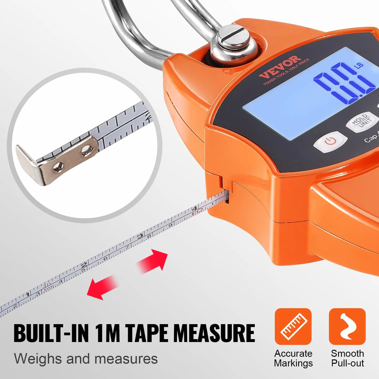 VEVOR Báscula Colgante Industrial 400 kg Báscula de Grúa Digital Carcasa de Aluminio Fundido Pantalla LCD Mini Báscula de Gancho Alta Precisión para Granja, Caza, Pesca, Garaje al Aire Libre, Naranja
