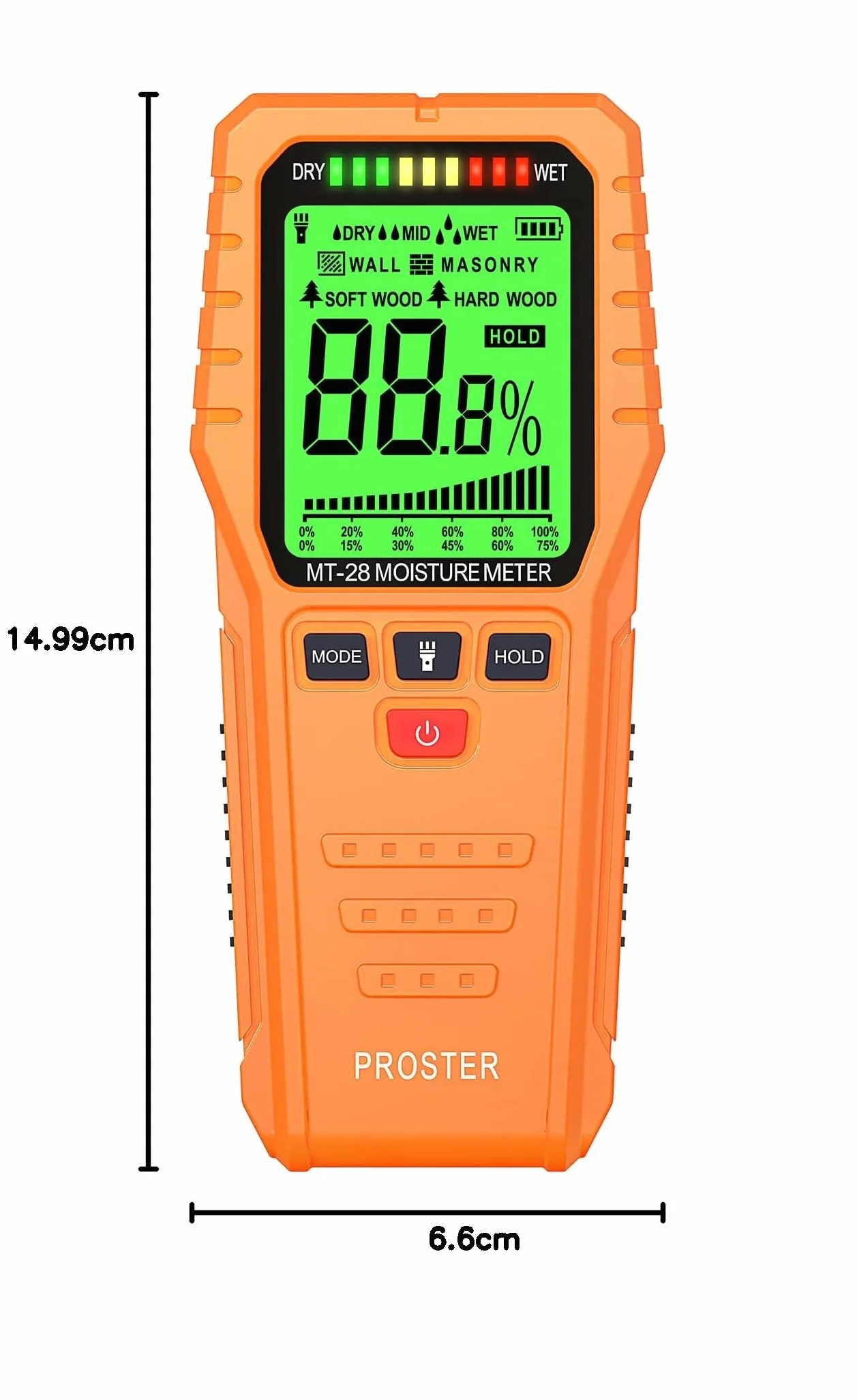 Proster Medidor de Humedad con Batería y Pantalla LCD Medidor de Humedad de Madera Sin Pin con Botón HOLD, Alarma,Función de Apagado Automático Detector de Humedad para Paredes de Yeso y Madera,etc