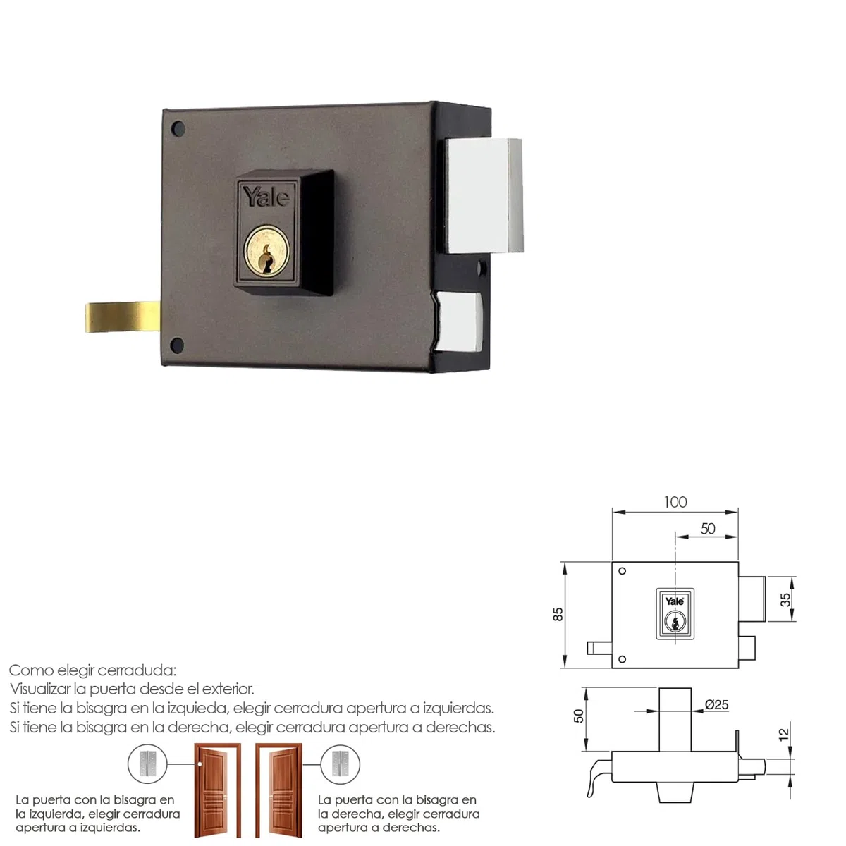 Yale Yale Cerradura de Sobreponer Estándar 125, Derecha, Hierro Pintado: Entrada 50 mm, 125 Derecha, Metal, Hierro Pintado Cerradura de sobreponer con doble cilindro
