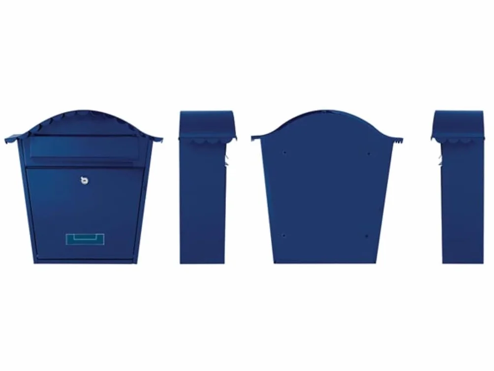 Perel buzón Exterior Paris Azul de Pared con Placa de Nombre y Cerradura, buzón de Acero galvanizado con 2 Llaves y Accesorios de Montaje, Techo Redondeado, Resistente a la Intemperie