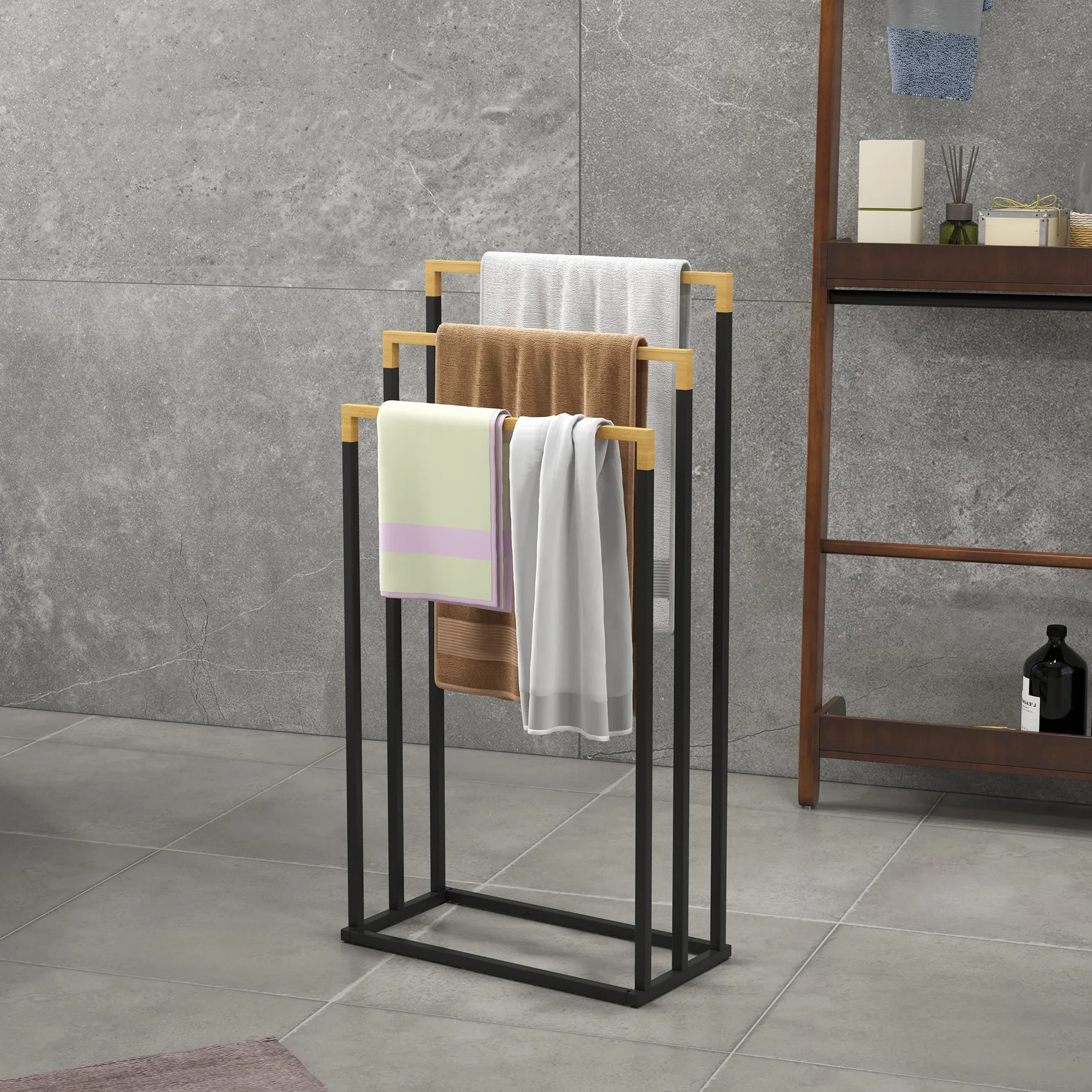 Kleankin Toallero Escalera 3 Niveles con 3 Barras de Bambú y Marco de Acero para Baño 45x22,5x86 cm Negro y Natural