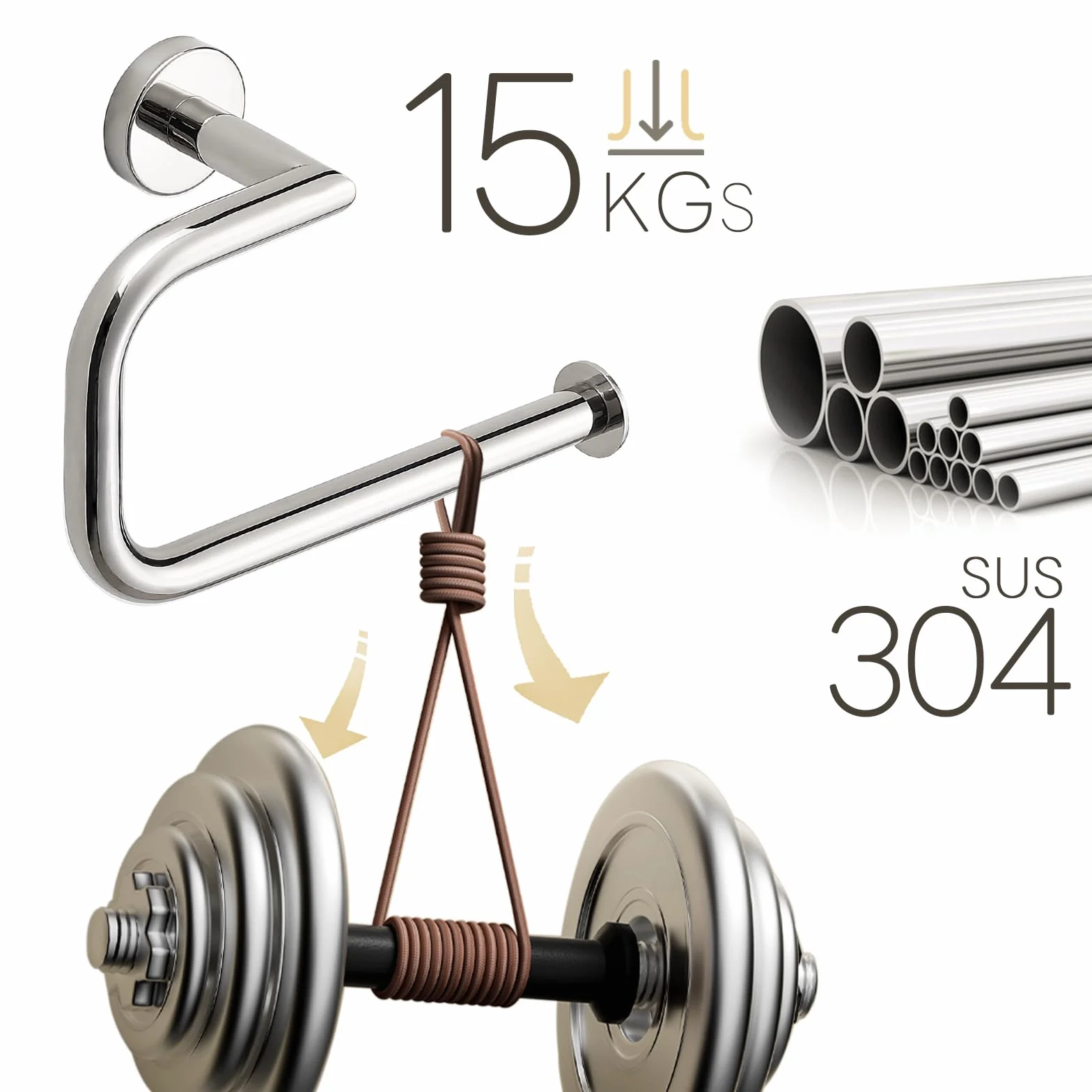 Anillo para Toallas Cromado Acero Inoxidable 304 - Soporte 15kg - Montaje en Pared - Baño Cocina Plateado