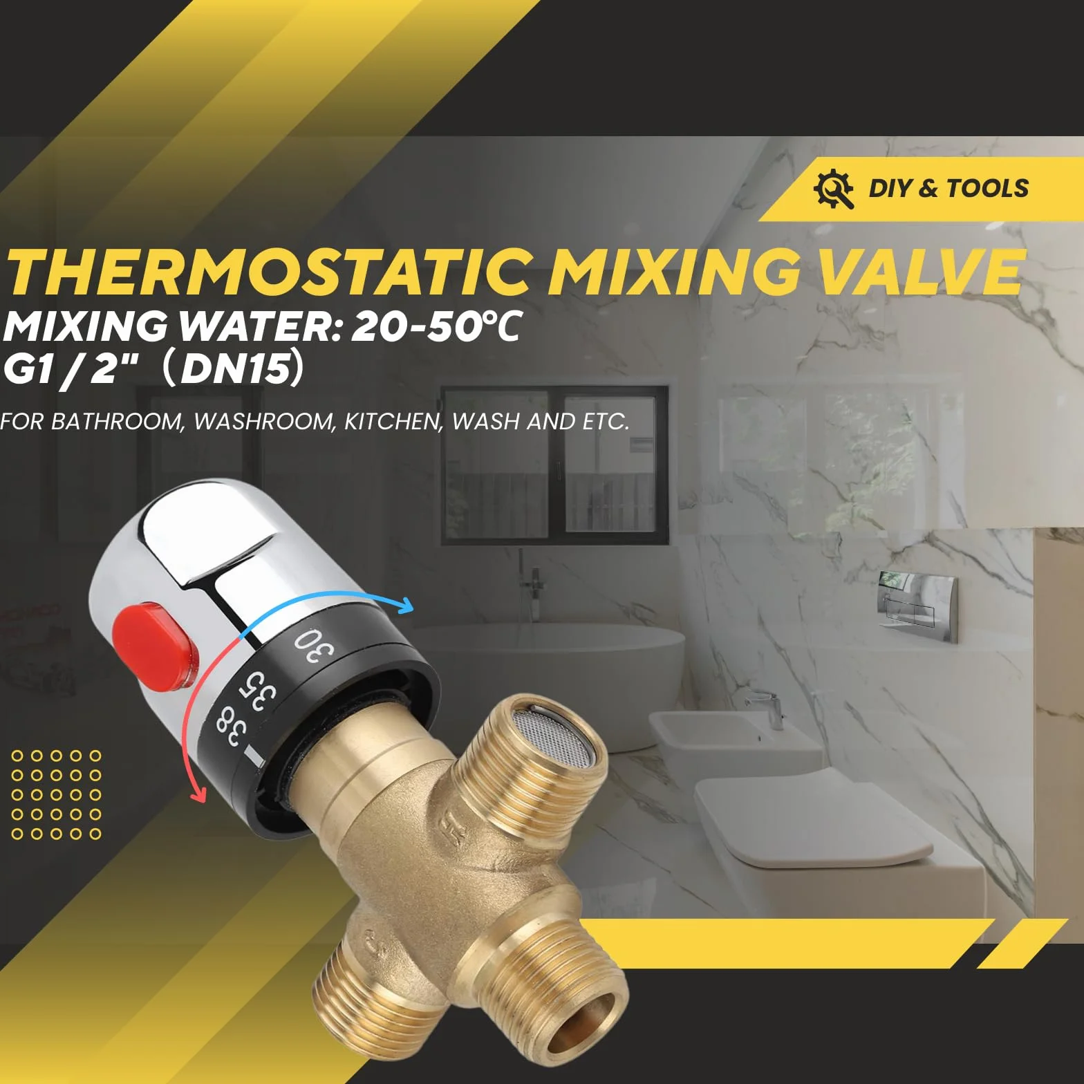 Válvula Mezcladora Termostática Latón 15 mm 38°C Seguridad 42°C Grifo Lavabo