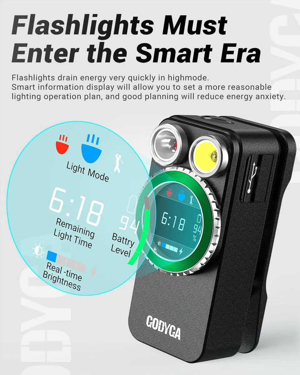 Godyga Linterna LED Recargable 4-en-1 con Medidor de Distancia Láser, Luz Blanca y Roja, Contador de Golpes de Golf, 500 Lúmenes IPX6, Clip Magnético para Outdoor y Uso Diario
