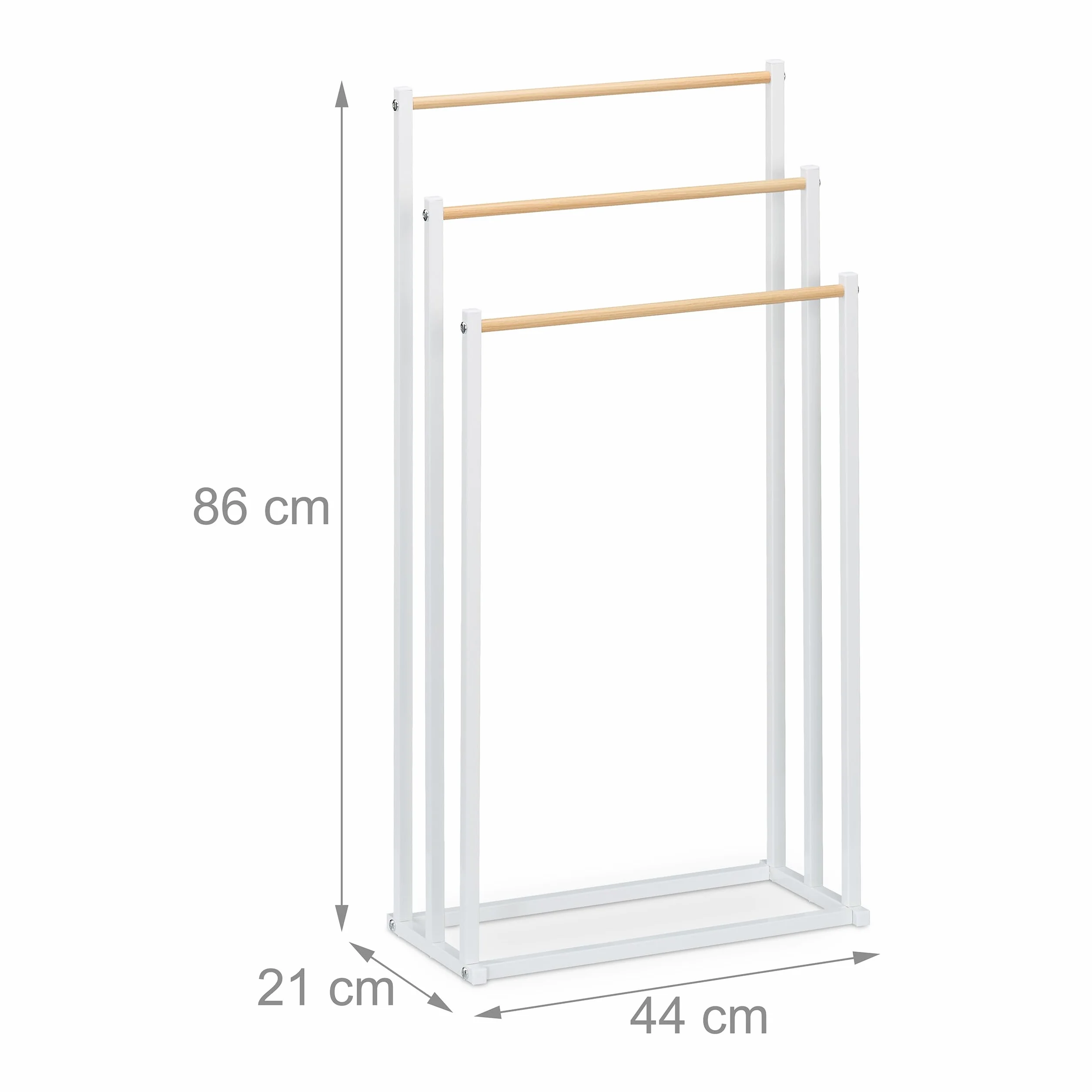 Relaxdays Toallero de Pie, 86x44x21 cm, Portatoallas Metálico, Colgador Toallas, 3 Barras Efecto Madera, Blanco/Natural