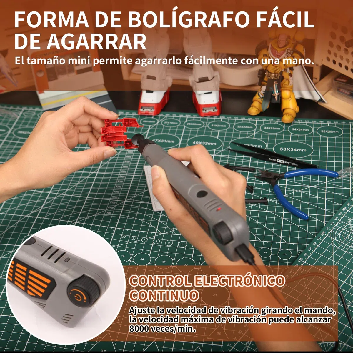 Lijadora de pluma inalámbrica, velocidad variable, carga USB y luz LED. Herramienta eléctrica multiusos para lijar, pulir, dar acabados y manualidades (GRIS)