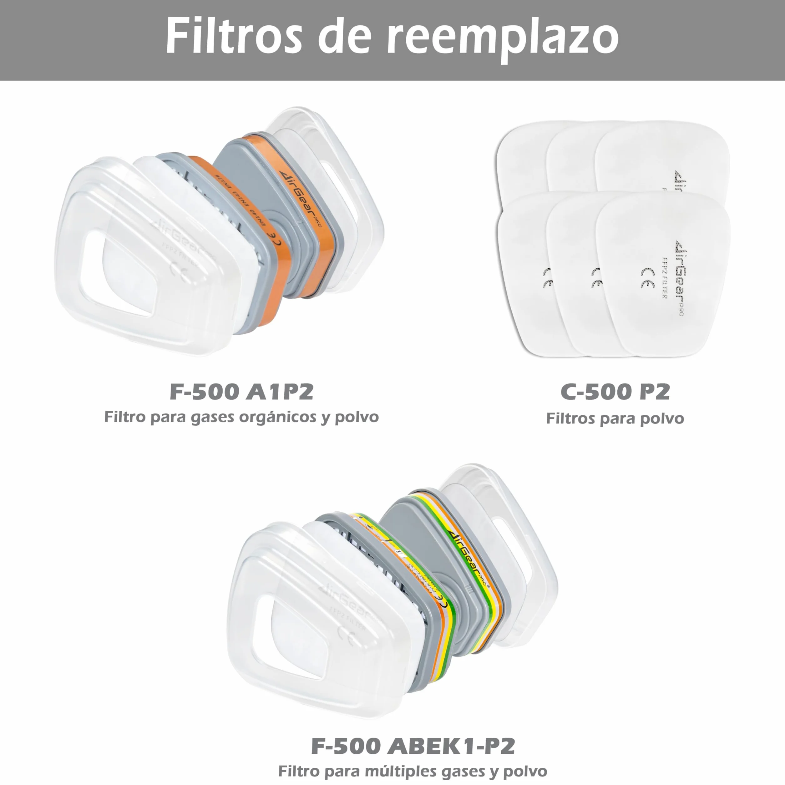 AirGearPro M-500 Máscara Respiratoria Reutilizable, Antipolvo, Antigás con Filtros para Pintar, Construcción, Bricolaje, Lijado