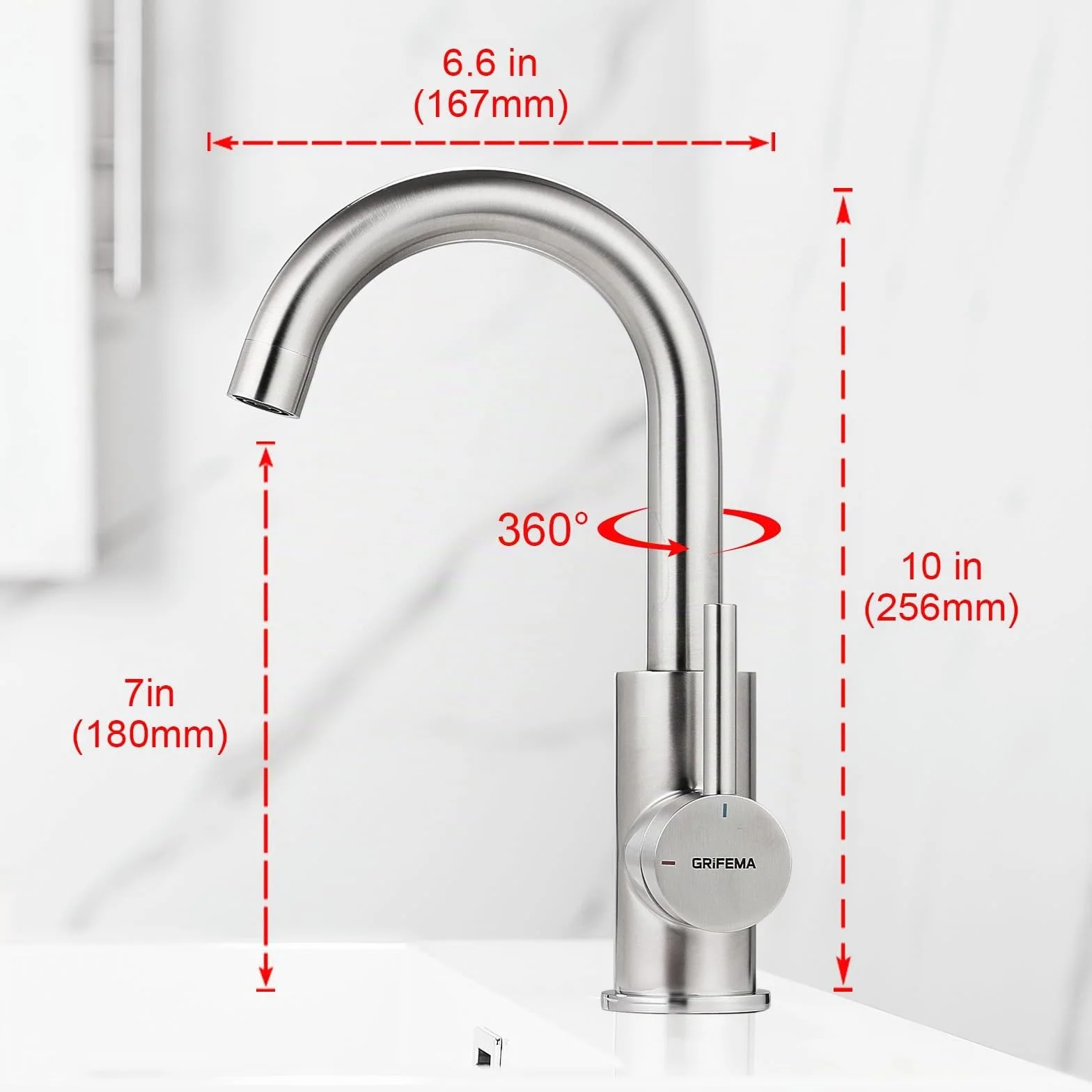 GRIFEMA Grifo Lavabo Alto 180 mm, Caño Giratorio 360° - Acero Inoxidable Cepillado, Cartucho Cerámico, Monomando con Mangueras G3/8″, G1002A