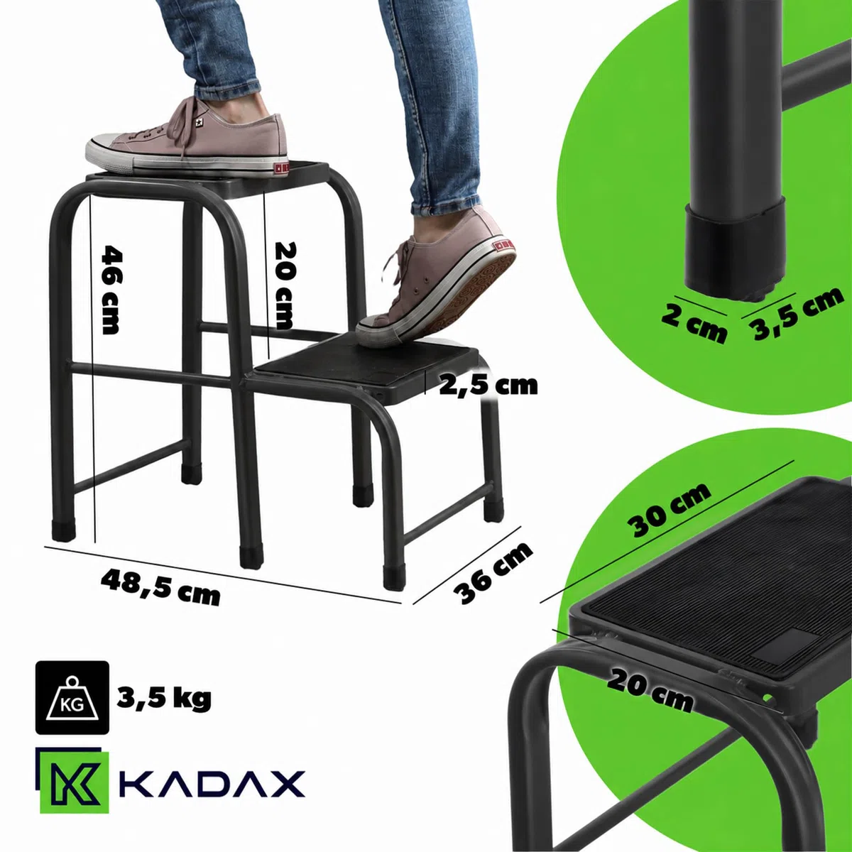 KADAX Taburete de acero, escalera doméstica de hasta 150 kg, taburete de transporte con patas antideslizantes, escalera doméstica, taburete de aluminio (2 niveles)