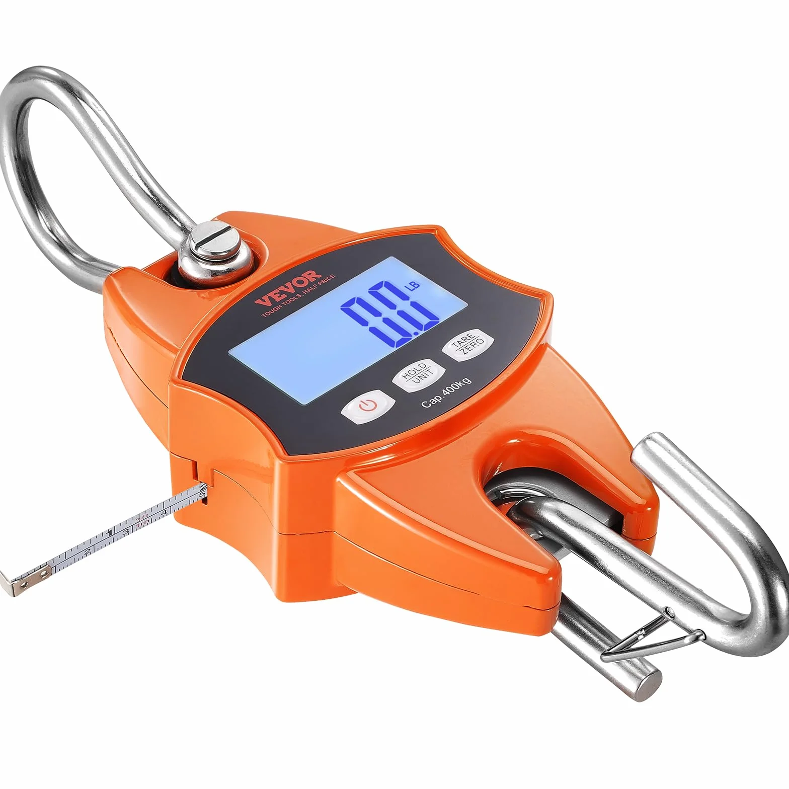 VEVOR Báscula Colgante Industrial 400 kg Báscula de Grúa Digital Carcasa de Aluminio Fundido Pantalla LCD Mini Báscula de Gancho Alta Precisión para Granja, Caza, Pesca, Garaje al Aire Libre, Naranja