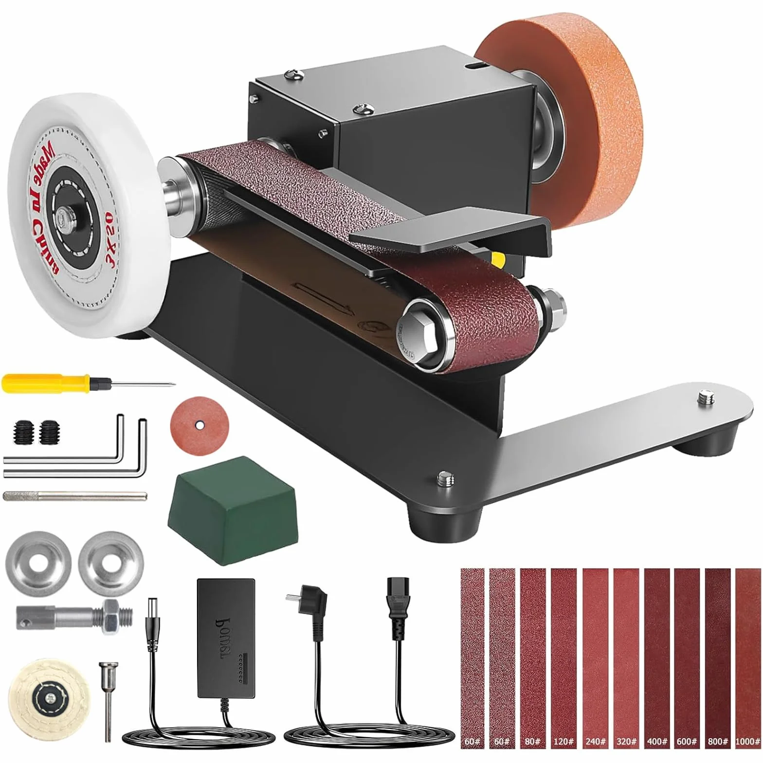 Mini lijadora de banda eléctrica, lijadora estacionaria de 350 W, pulidora ajustable de 7 niveles con accesorios completos, multiusos, pulidora de mesa DIY para trabajar madera y metal