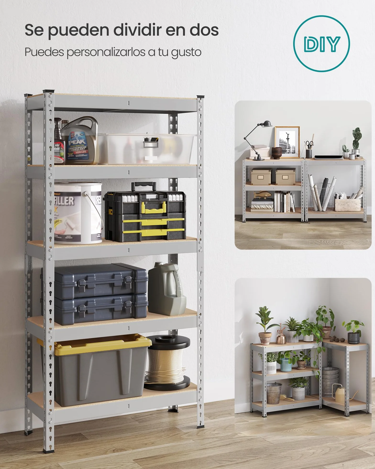 SONGMICS Estantería de 5 Niveles, Estantería de Almacenamiento, Montaje sin Tornillos, Estantes Ajustables, 30 x 75 x 150 cm, Carga de 875 kg, para Garaje, Cobertizo, Bodega, Plata GLR300E01