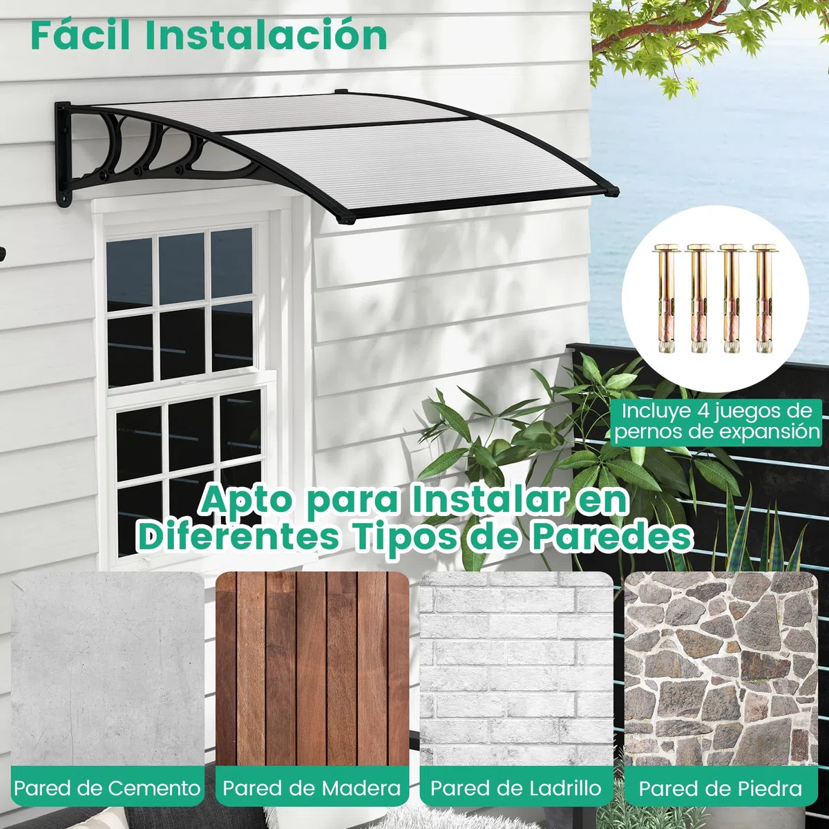 COSTWAY Marquesina Puerta Exterior 150 x 100 CM, Tejadillo de Protección Lluvia Nieve Viento Protección Solar, Tejadillo de Exterior (Gris, 150x100 cm)