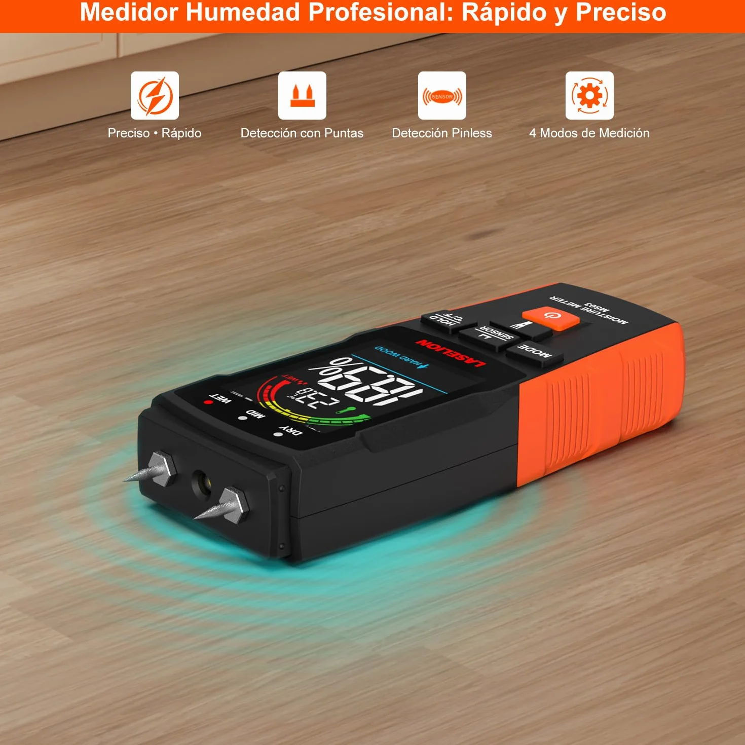 LASELION Medidor de Humedad 2 en 1 - Detección 0-40mm, Con y Sin Agujas, Higrómetro Humedad con Preciso para Madera, Hormigón y Construcción - Pantalla LCD, Linterna - MS03