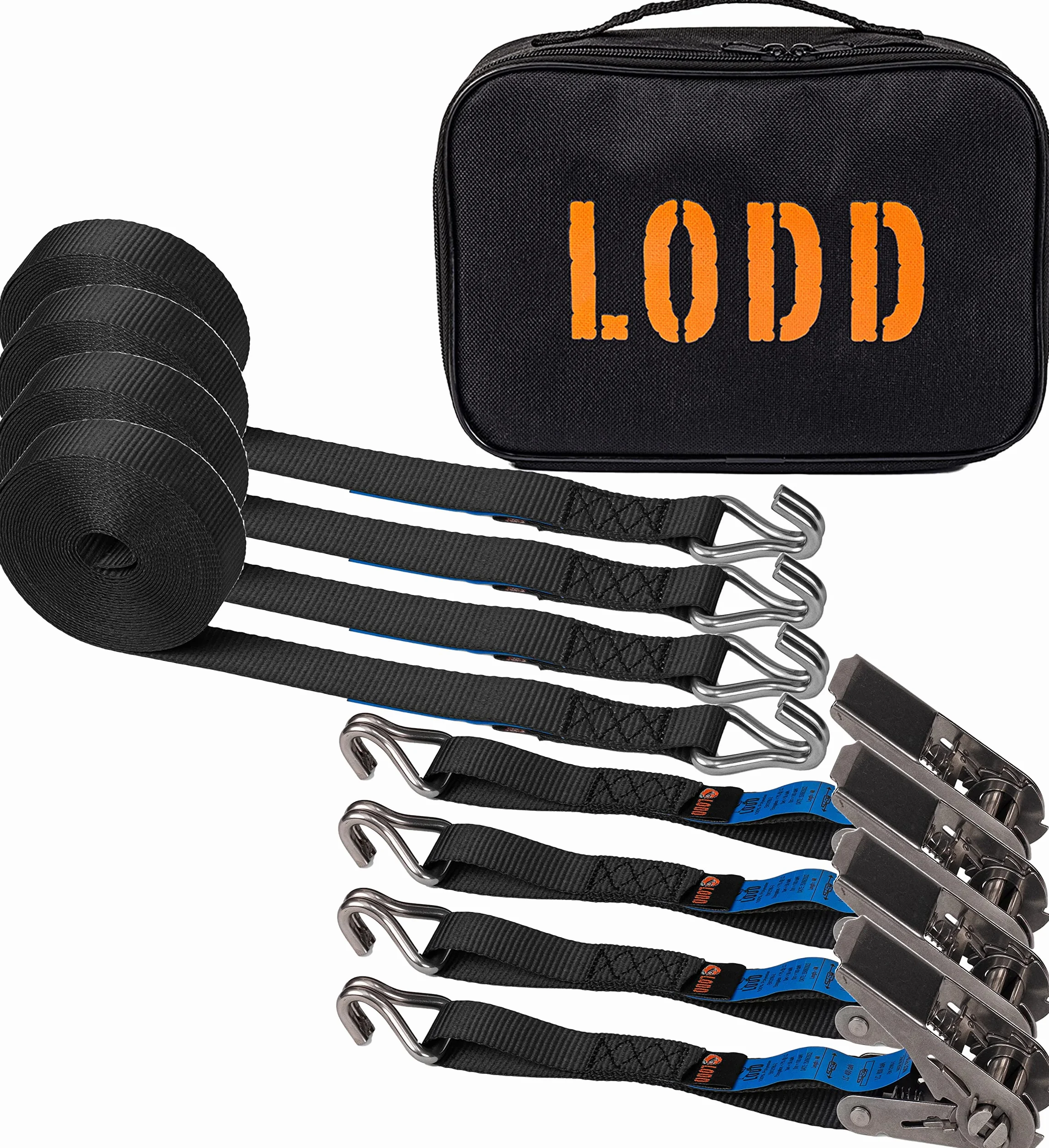 LODD - 4 Correas de Amarre de 6M en Acero Inoxidable, Ganchos Doble J de Acero Inoxidable, con Maleta de Transporte - Ideal para Lonas de Piscina