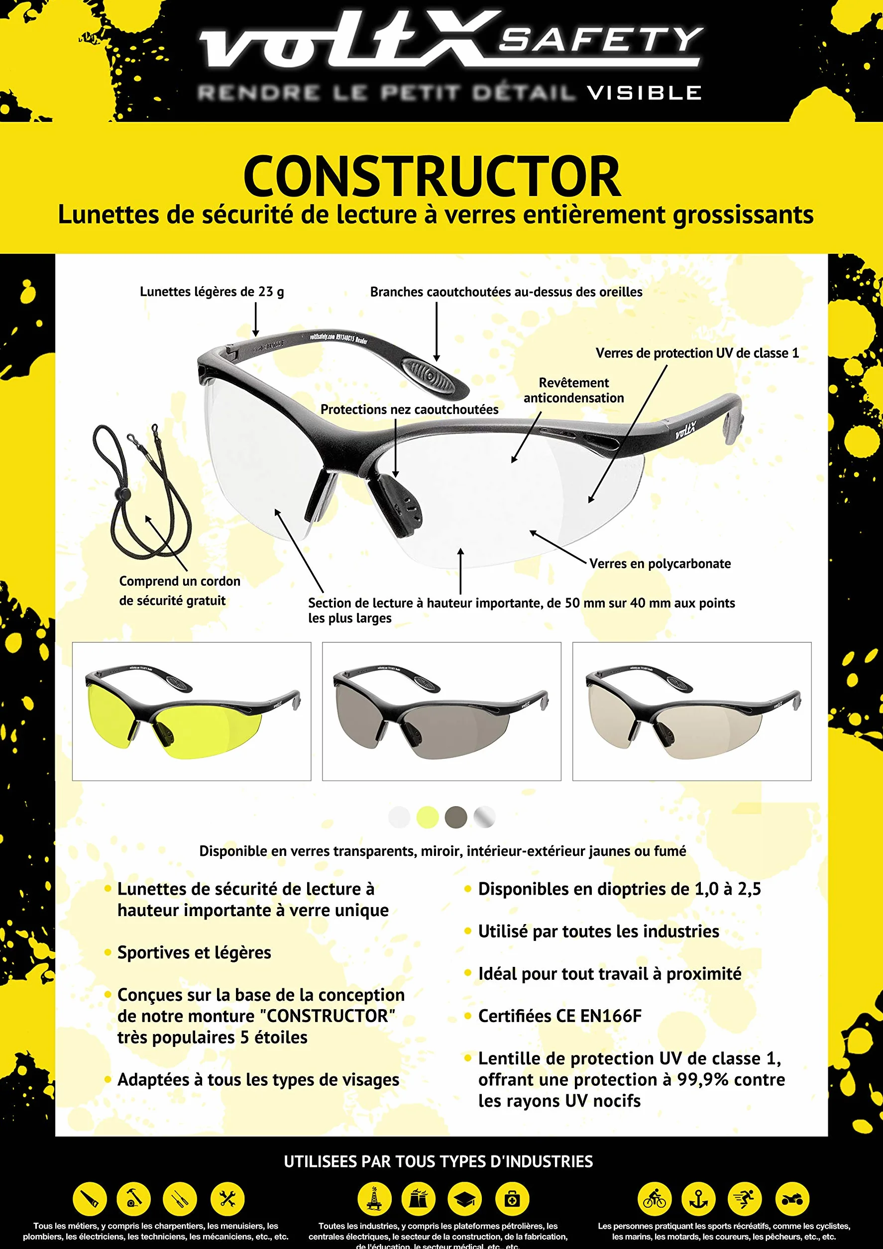 voltX 'Constructor' (TRANSPARENTES dioptría +2,00) Gafas de Seguridad con aumento total de lente (no bifocal), incluye cordón con tope regulable y funda rígida + Lente UV400 con recubrimiento antivaho