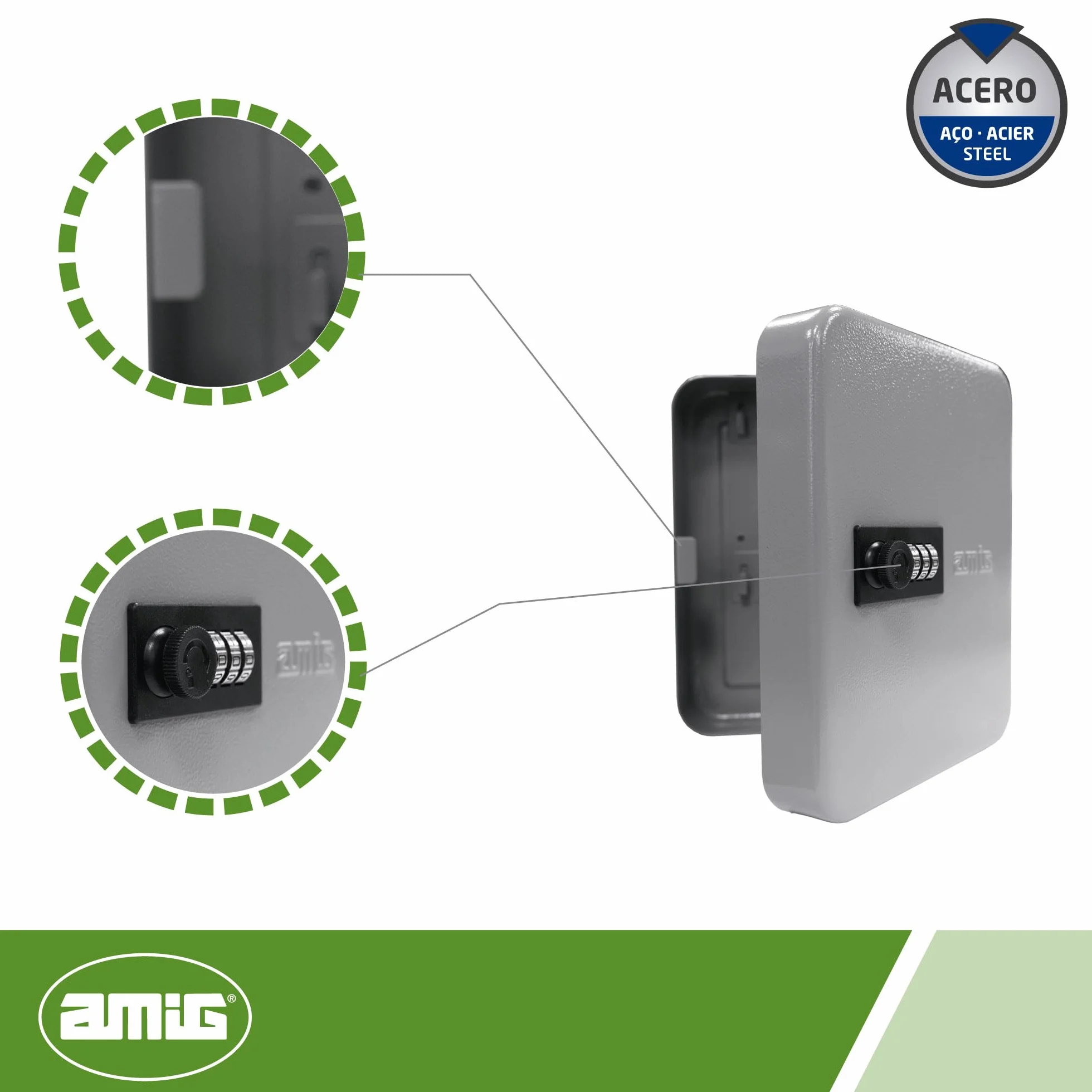 Amig Portallaves Seguro Organizador Acero Cierre Combinación Capacidad 45 Llaves Armario 300x240x70 mm Gris Epoxi