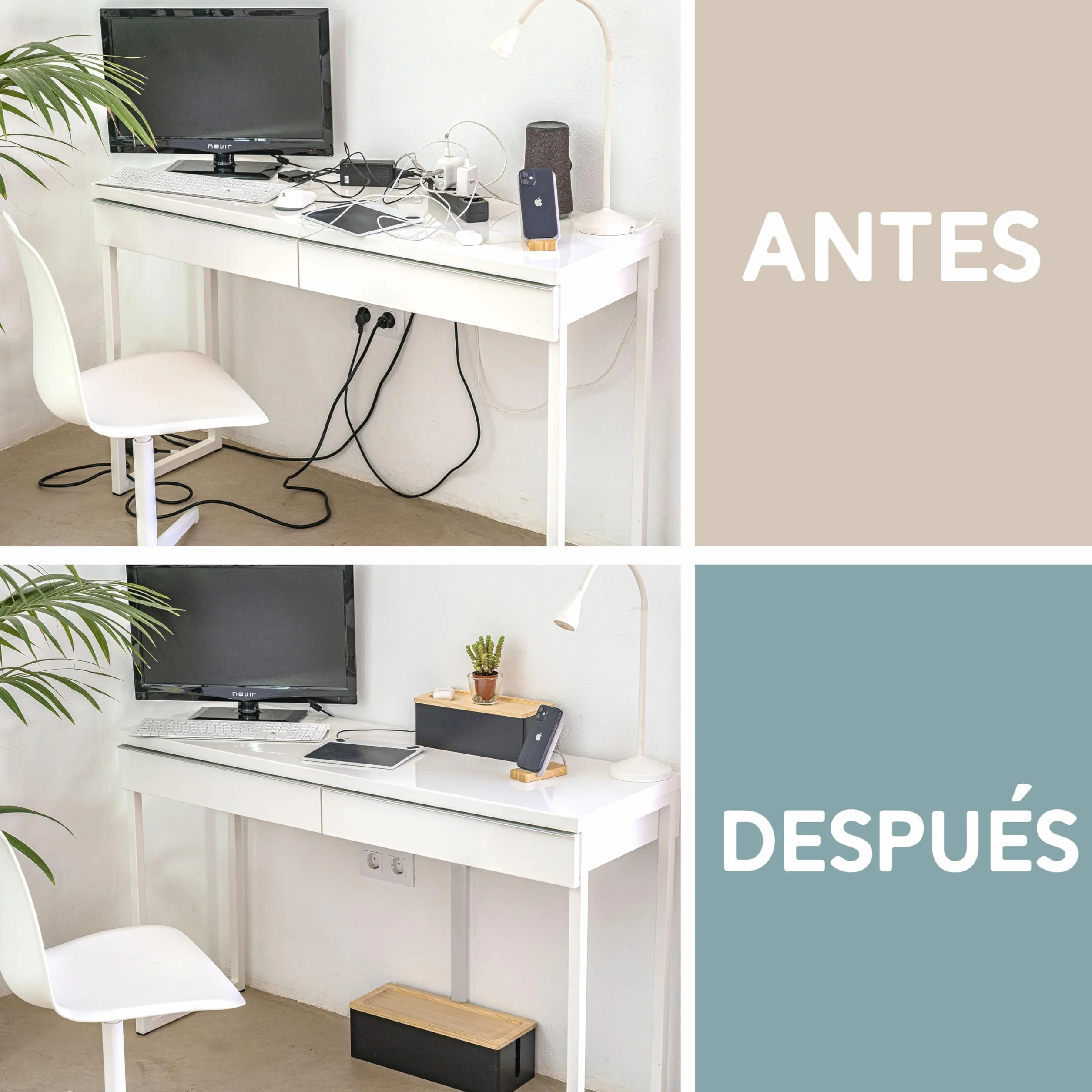 Nature Supplies Organizador de Cables de Madera de Pino Blanco - Caja Mediana para Escritorio y Grande para Piso