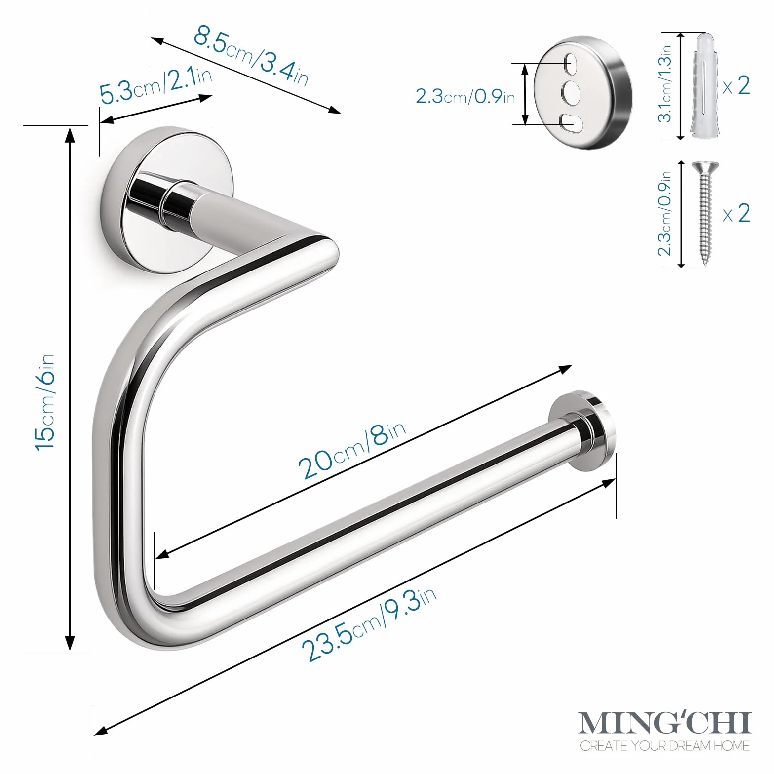 Anillo para Toallas Cromado Acero Inoxidable 304 - Soporte 15kg - Montaje en Pared - Baño Cocina Plateado