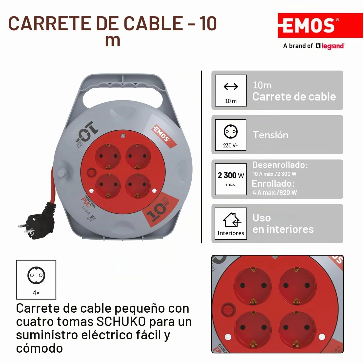 EMOS Mini enrollador de Cable 10 m 4 enchufes Schuko 230 V 10 A 2300 W H05VV-F3G 1,0 mm2 IP20