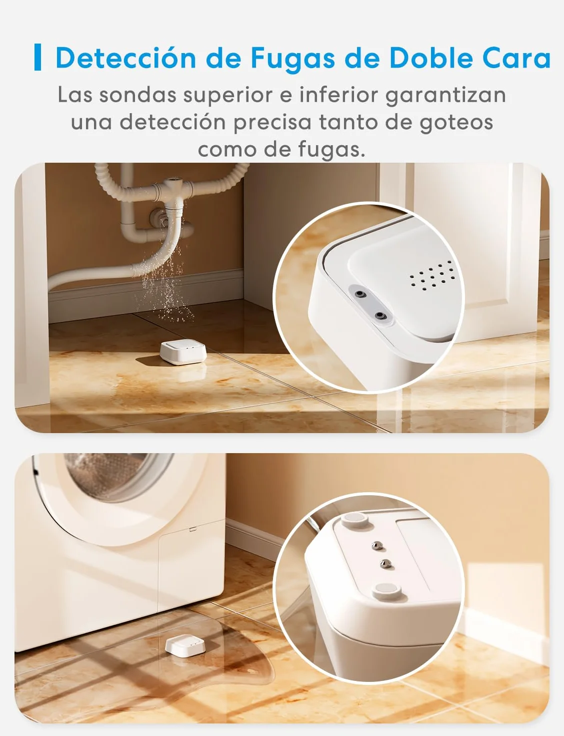 Meross Detector de Agua Inteligente | Requiere Hub | Detector de Fugas de Agua IP66 y 100 dB | Smart Detector de Agua para cocinas, baños, sótanos | Compatible con Apple Home, Alexa y Google | 2,4GHz