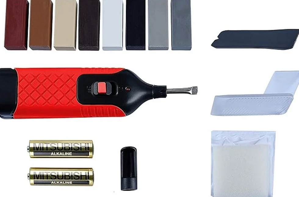 Kit de reparación de azulejos de 14 piezas – 8 tonos diferentes – Incluye cera derretidor, cepillo y esponja de lijado – Adecuado para superficies lisas de todo tipo/Kit de reparación para