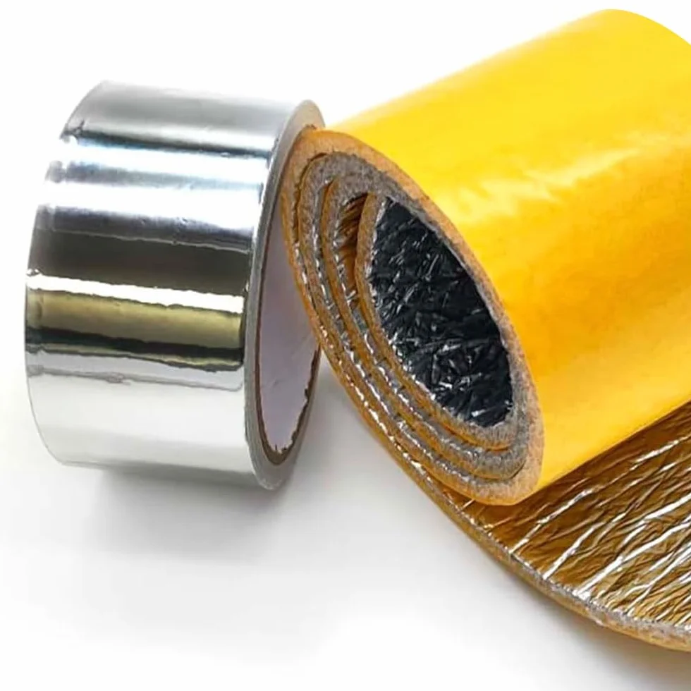 Kit para aislamiento sonoro de tuberías y bajantes: Banda de aislante acústico autoadhesivo 100% aluminio (5m x 10 cm) + Cinta de aluminio (10 m)