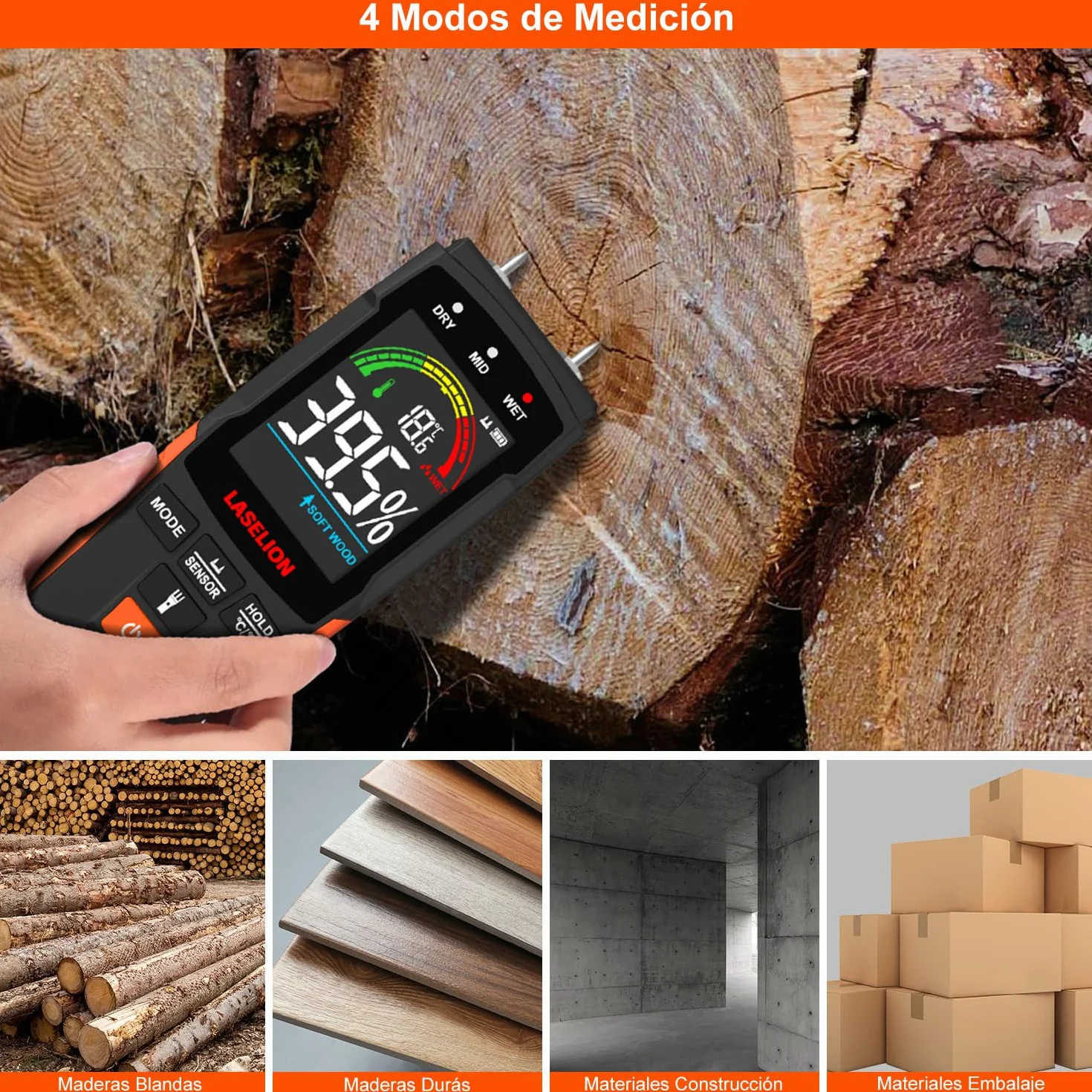 LASELION Medidor de Humedad 2 en 1 - Detección 0-40mm, Con y Sin Agujas, Higrómetro Humedad con Preciso para Madera, Hormigón y Construcción - Pantalla LCD, Linterna - MS03