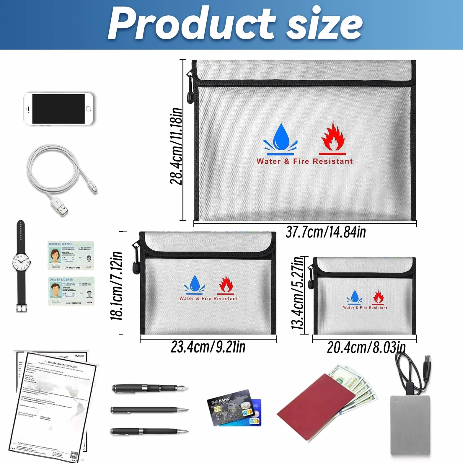 Bolsa de archivo ignífugo de 3 piezas,material de fibra de vidrio de doble capa - bolsa de almacenamiento de seguridad ignífuga e impermeable para proteger objetos de valor, pasaportes, documentos