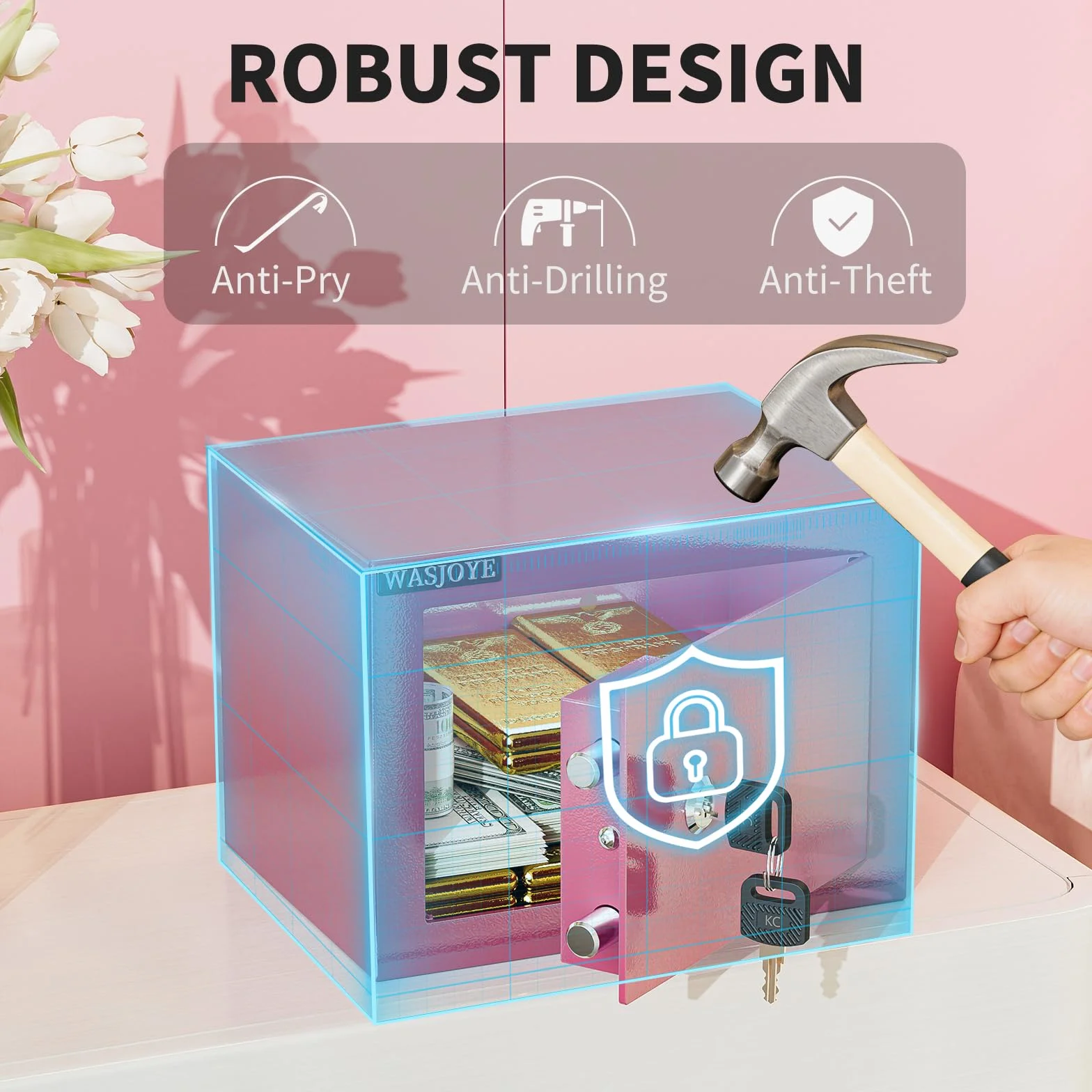 WASJOYE Caja Fuerte Pequeña -23 * 17 * 17cm Caja Fuerte Niños Caja Fuerte con llave - Rosa Pequeña Caja Fuerte para el Hogar, Negocios, Oficinas, Dinero, Joyas, Pasaportes, 6.5L