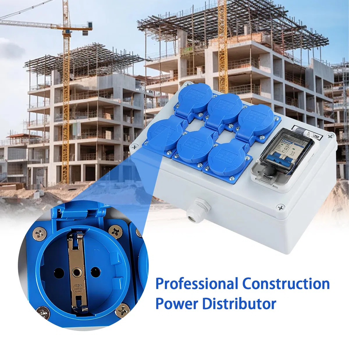 Distribuidor de Corriente para Construcción 250V, Distribuidor de Corriente de Pared 16A con Disyuntor, 6 Tomas, IP54 Estanco, Distribuidor de Energía Consumida para Talleres y Fábricas