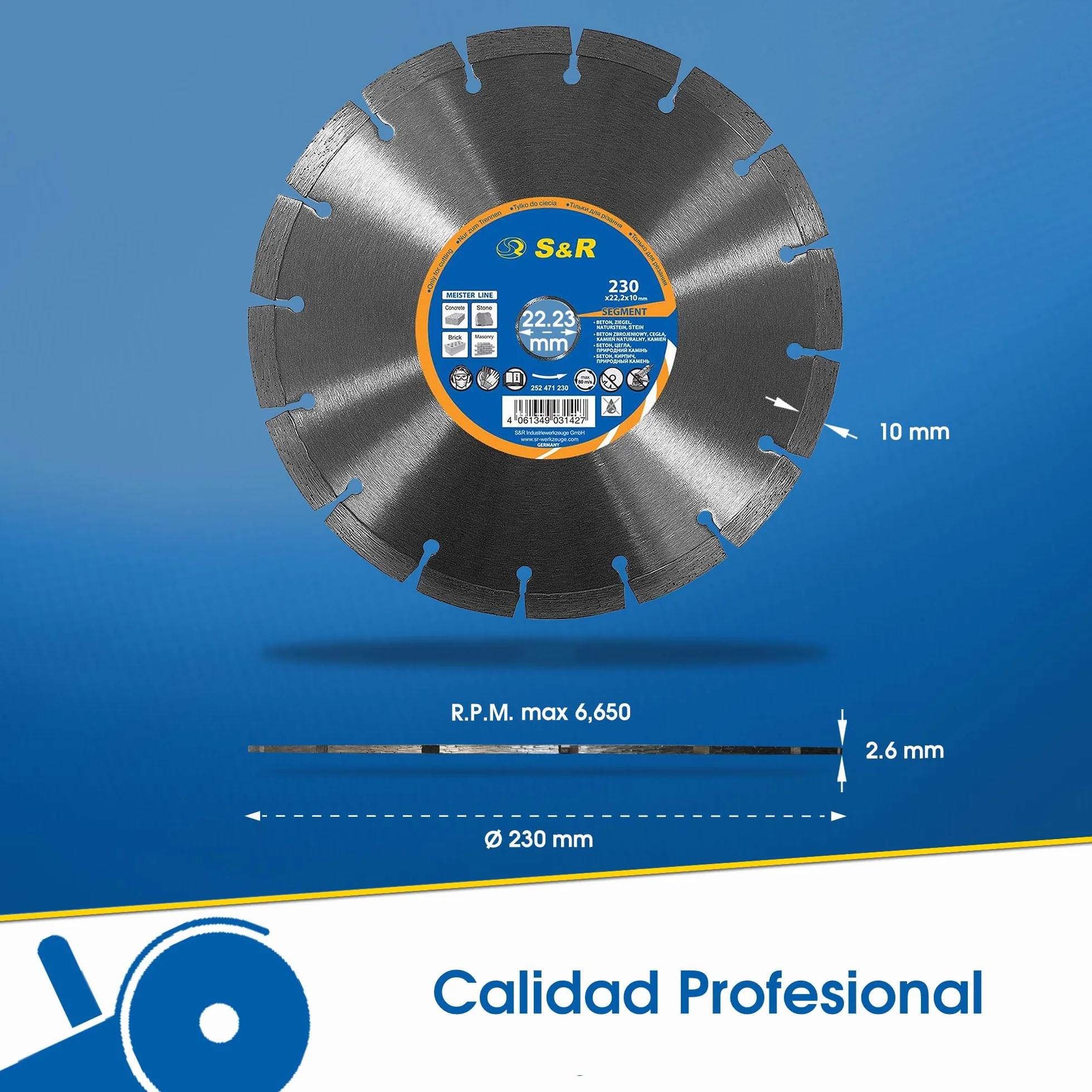 S&R Disco Diamante 230 Hormigón - Juego 2 Discos Tronzador Diamante Amoladora 230 mm Hormigón, Piedra, Ladrillos. Disco de diamante de Segmento 10mm