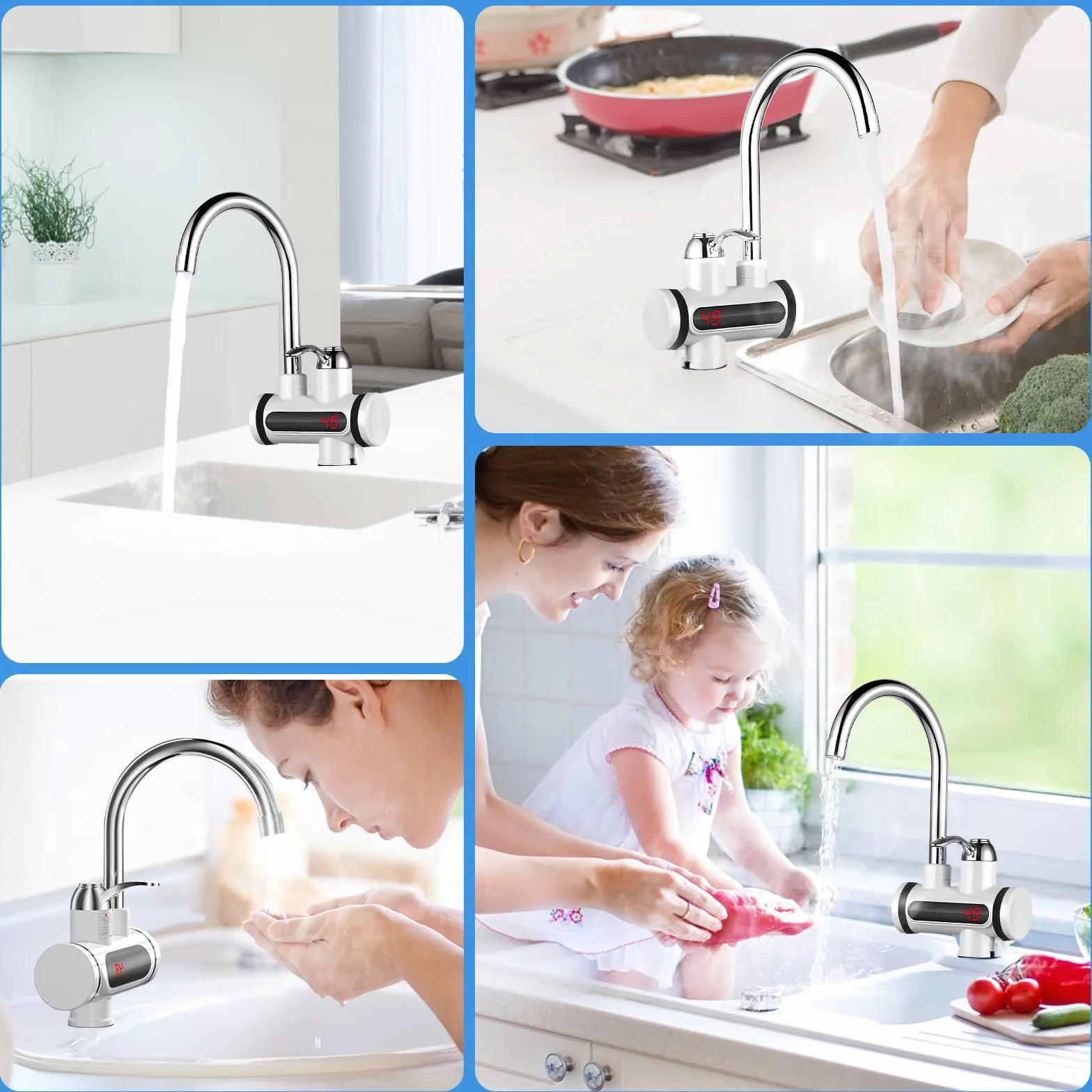 Grifo instantáneo de 220 V, 3000 W, calentador de agua eléctrico, grifo rápido con pantalla digital LED, cocina, baño, acero inoxidable, grifo eléctrico