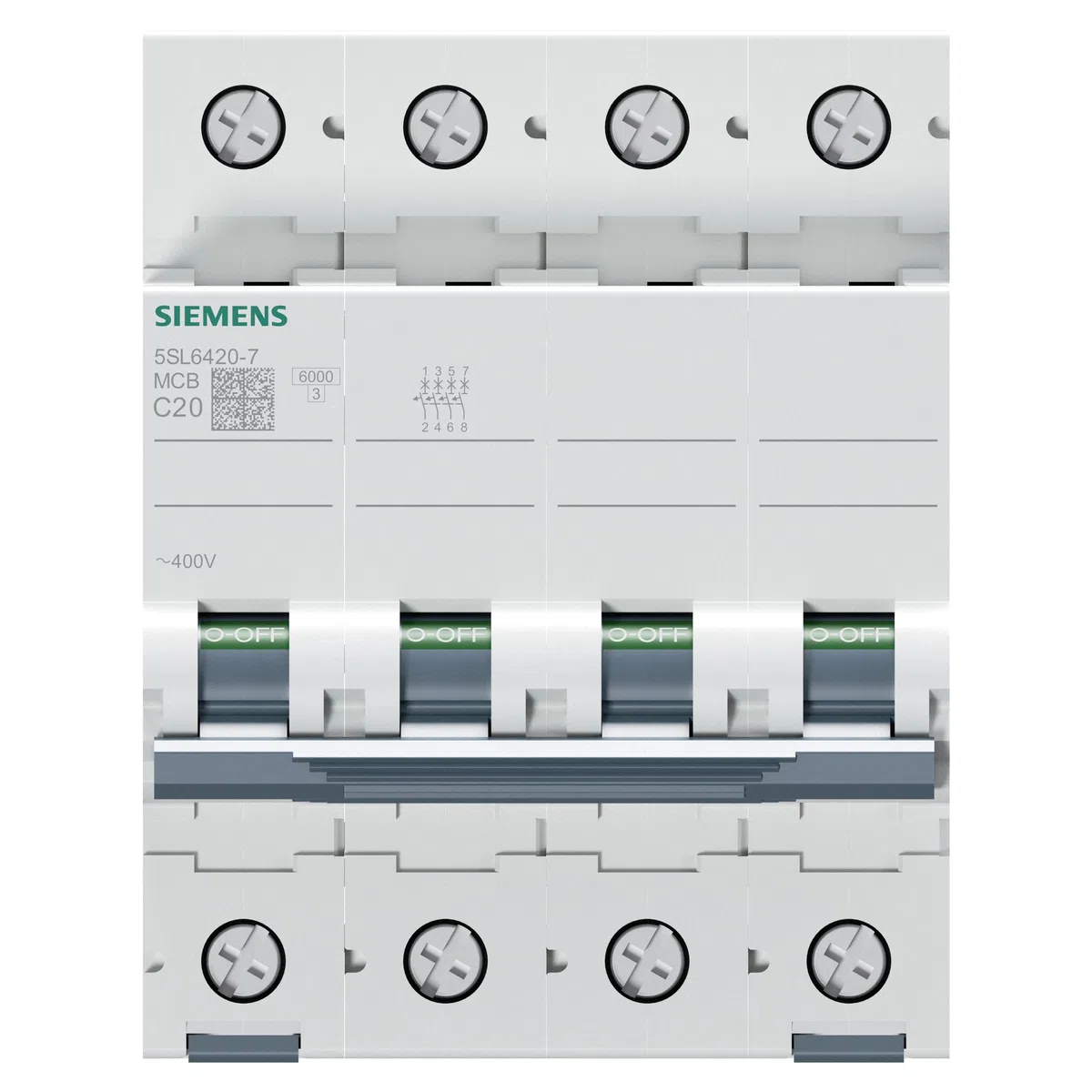 SIEMENS Ingenuity for life - 5SL64207 Interruptor automático magnetotérmico 4P 20A Curva C 6kA 400V