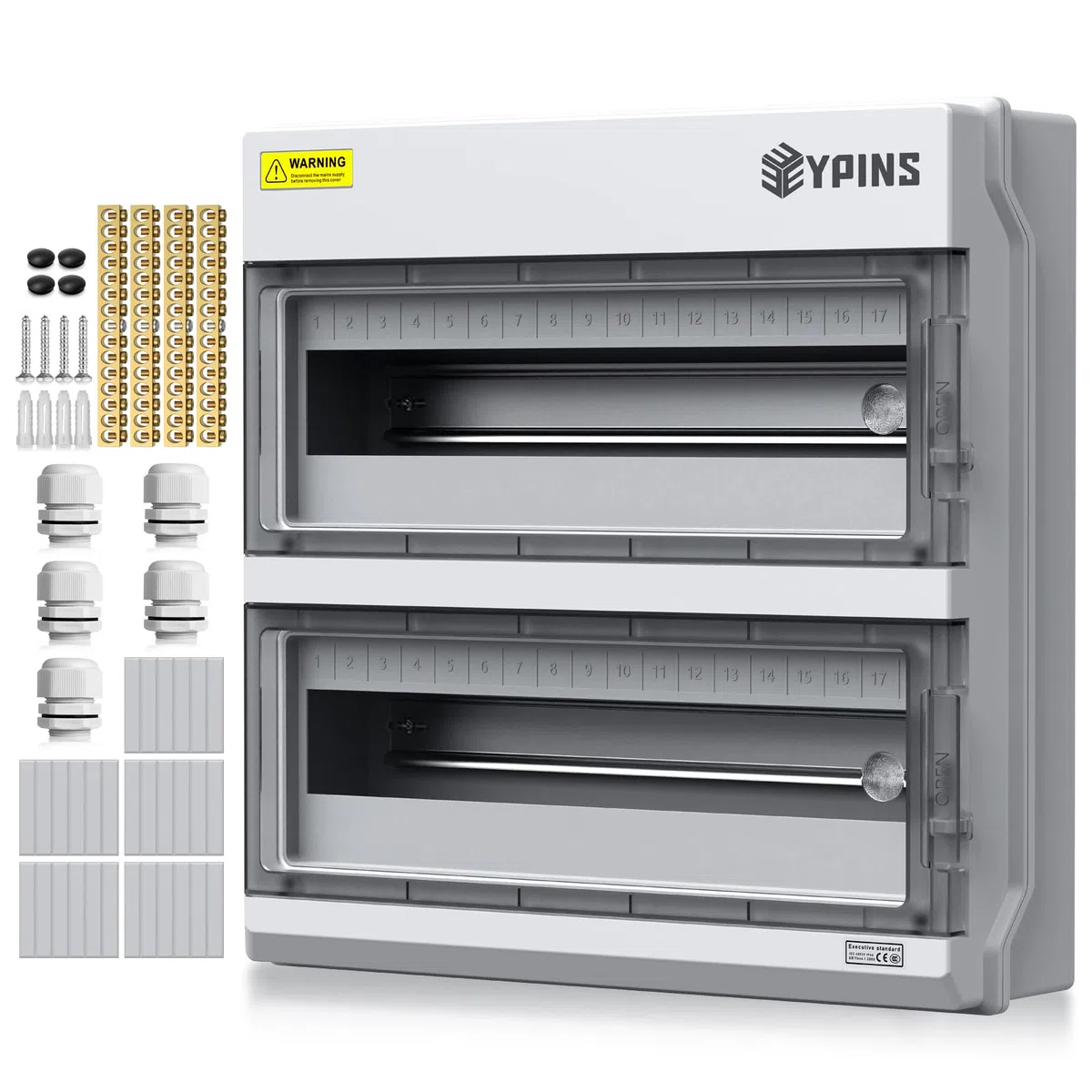 EYPINS Caja Estanca Exterior Electrica 2 Filas 36 Módulos, Caja de Distribución de Superficie de Apertura Horizontal,Carcasa Aleación de PC, IP66 Impermeable y Antipolvo para Taller Jardín Obra