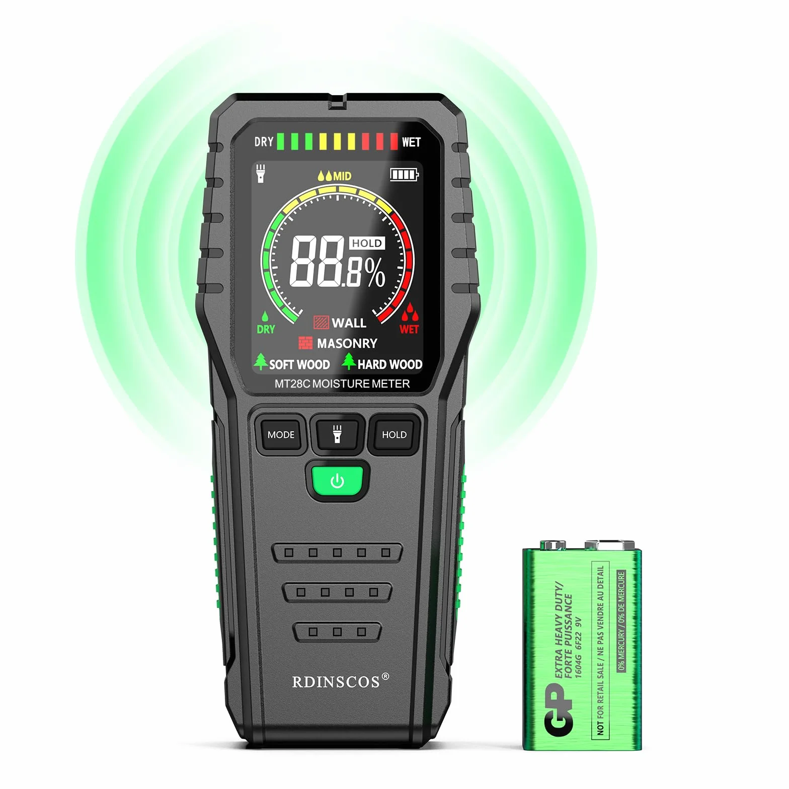 RDINSCOS Medidor de Humedad Sin Aguja,Medidor Humedad Pared con Batería,Pantalla LCD a color y Alarma Audible para Madera, Hormigón y Construcción (Profundidad: 0-19 mm)