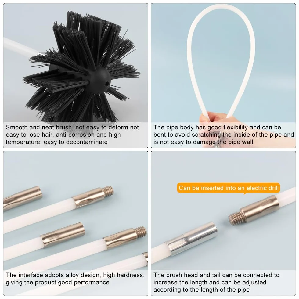 deshollinador de chimeneas, Juego de 17 piezas para limpieza con 12 varillas de 41 cm, 3 cabezas de cepillo de 10/15/20 cm, a varilla hexagonal de 4,5 cm, a cepillo con mango de madera de 38 cm