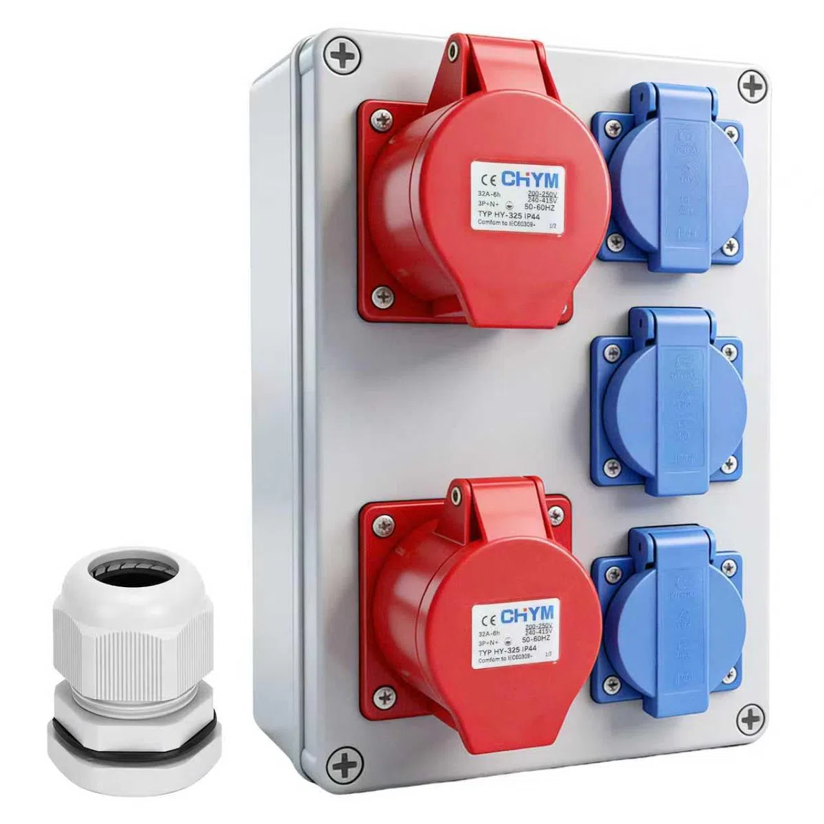 Distribuidor de corriente con caja de fusibles, enchufe CEE de alta corriente 16 A y 32 A, IP44, resistente al agua, enchufe industrial para obras, taller y jardín, distribuidor de pared