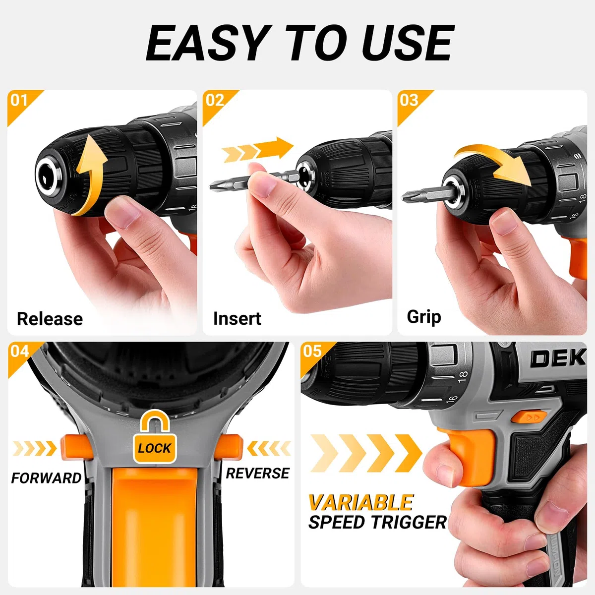 Taladro Atornillador Inalámbrico 20V, DEKOPRO Taladro Atornillador Bateria con 2 Baterías de 2,0 Ah y Cargador, 40 Nm, 2 Velocidad y LED, Adecuado para Bricolaje en Casa y Jardín,Gris